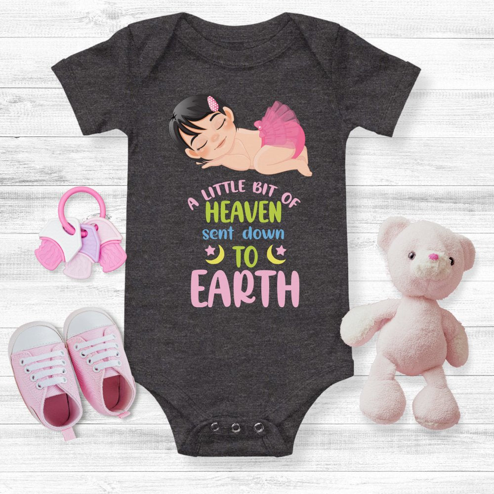 A Little Bit of Heaven Sent Down to Earth Bodysuit Personalized Baby Girl Brown Hair - Jesus Passion Apparel