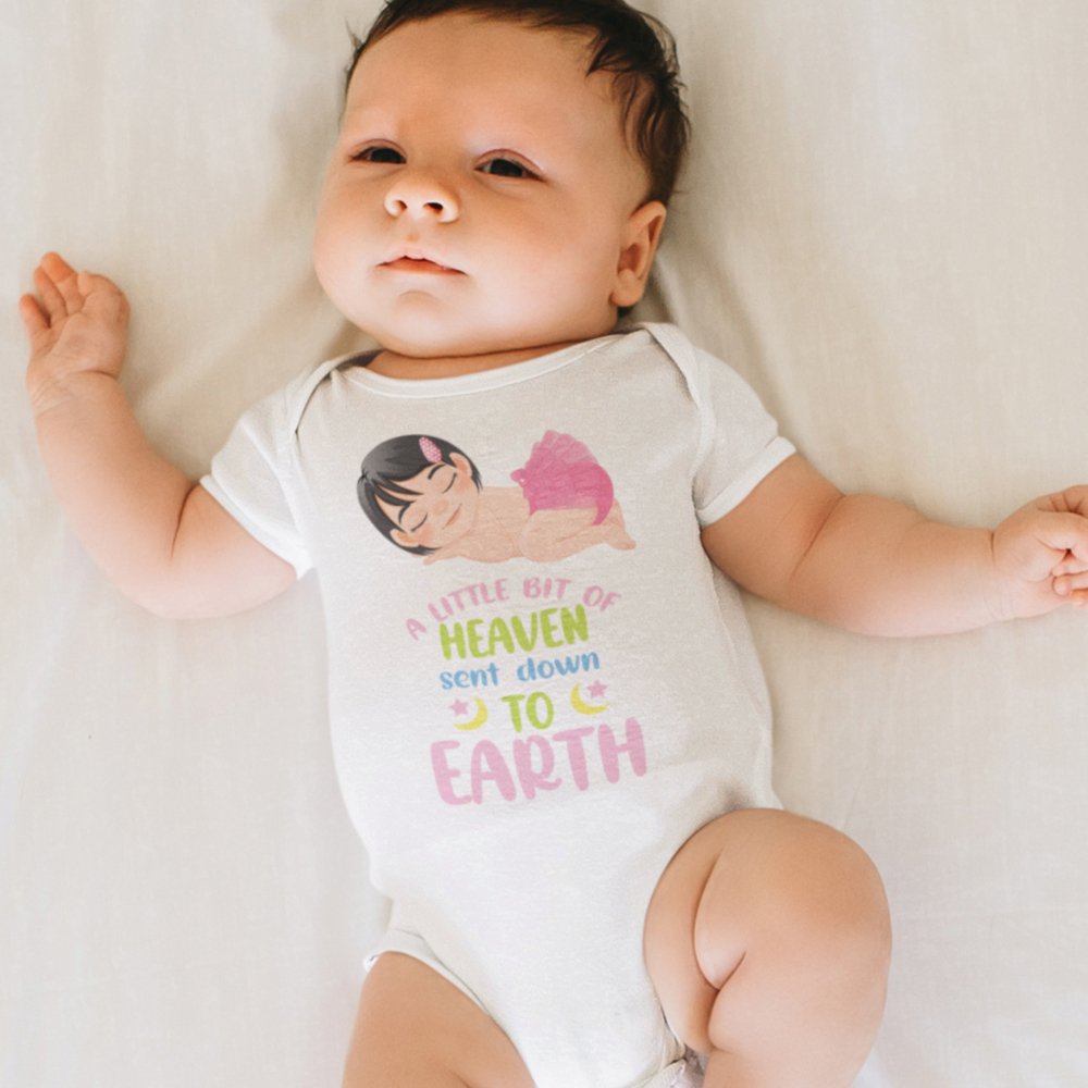 A Little Bit of Heaven Sent Down to Earth Bodysuit Personalized Baby Girl Brown Hair - Jesus Passion Apparel