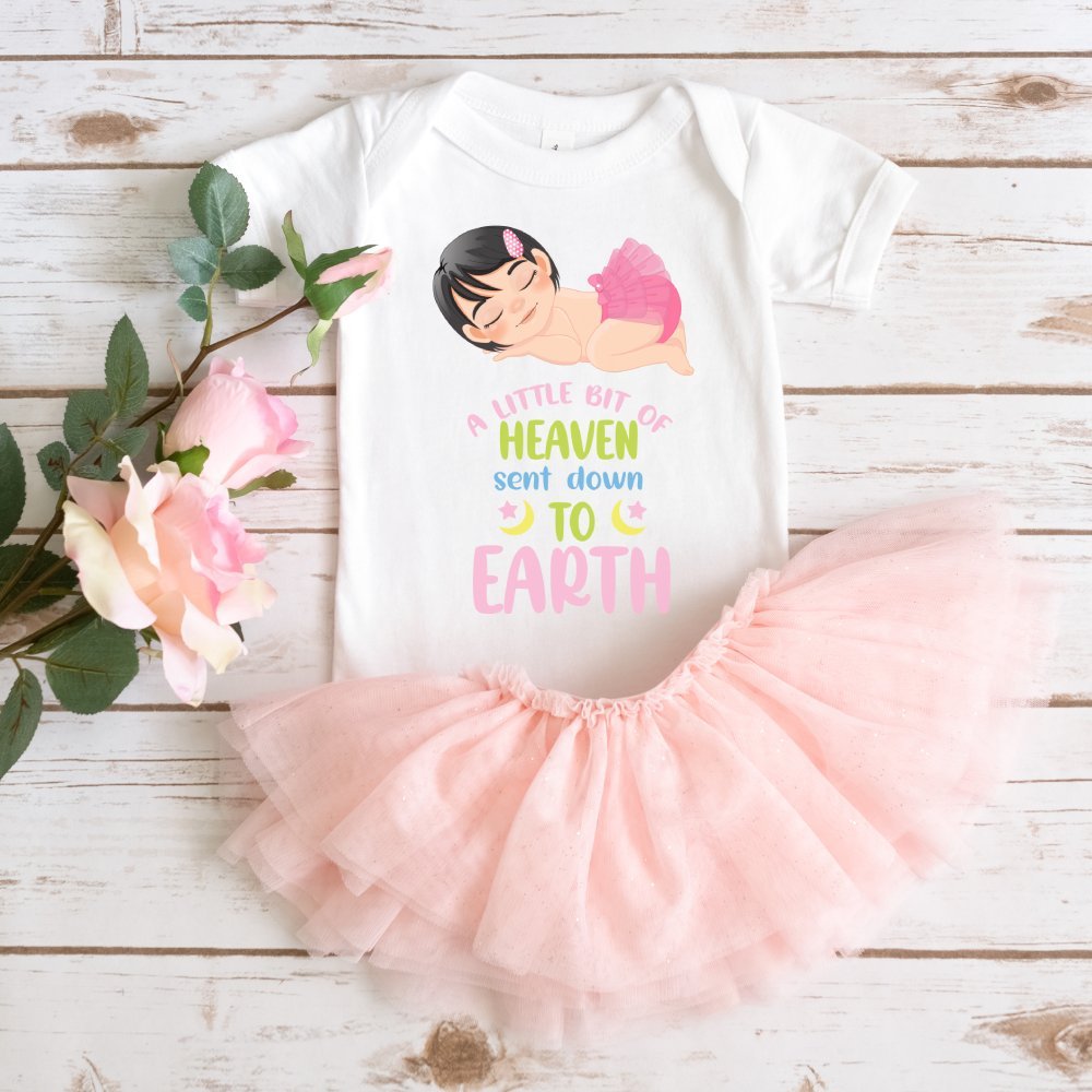 A Little Bit of Heaven Sent Down to Earth Bodysuit Personalized Baby Girl Brown Hair - Jesus Passion Apparel