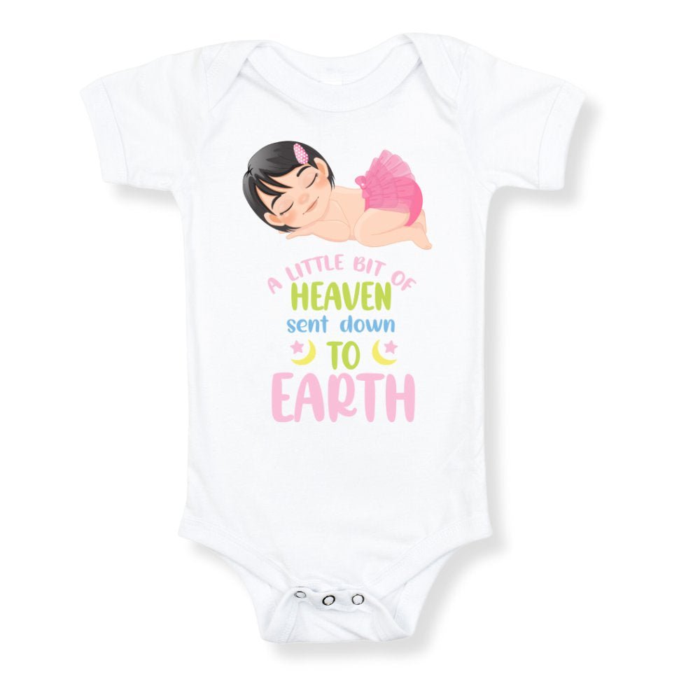 A Little Bit of Heaven Sent Down to Earth Bodysuit Personalized Baby Girl Brown Hair - Jesus Passion Apparel