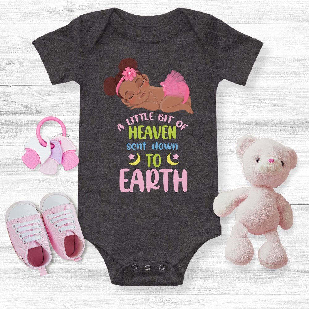 A Little Bit of Heaven Sent Down to Earth Bodysuit Personalized Baby Girl Dark Hair - Jesus Passion Apparel