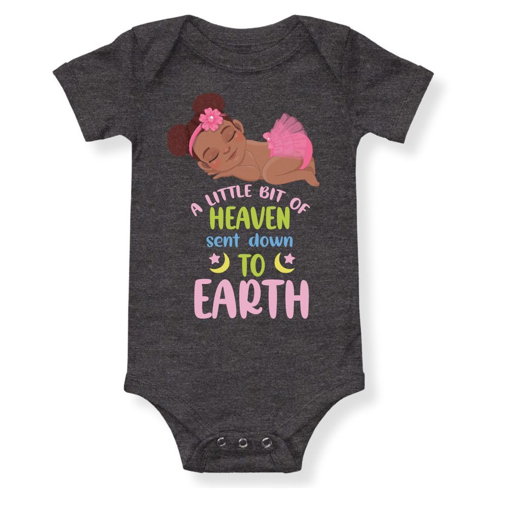 A Little Bit of Heaven Sent Down to Earth Bodysuit Personalized Baby Girl Dark Hair - Jesus Passion Apparel