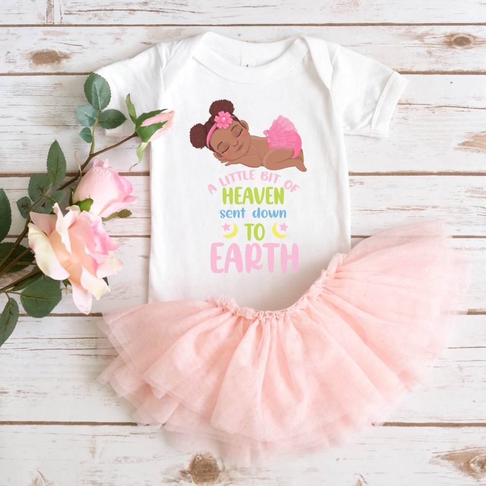 A Little Bit of Heaven Sent Down to Earth Bodysuit Personalized Baby Girl Dark Hair - Jesus Passion Apparel