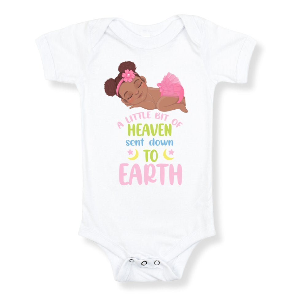 A Little Bit of Heaven Sent Down to Earth Bodysuit Personalized Baby Girl Dark Hair - Jesus Passion Apparel