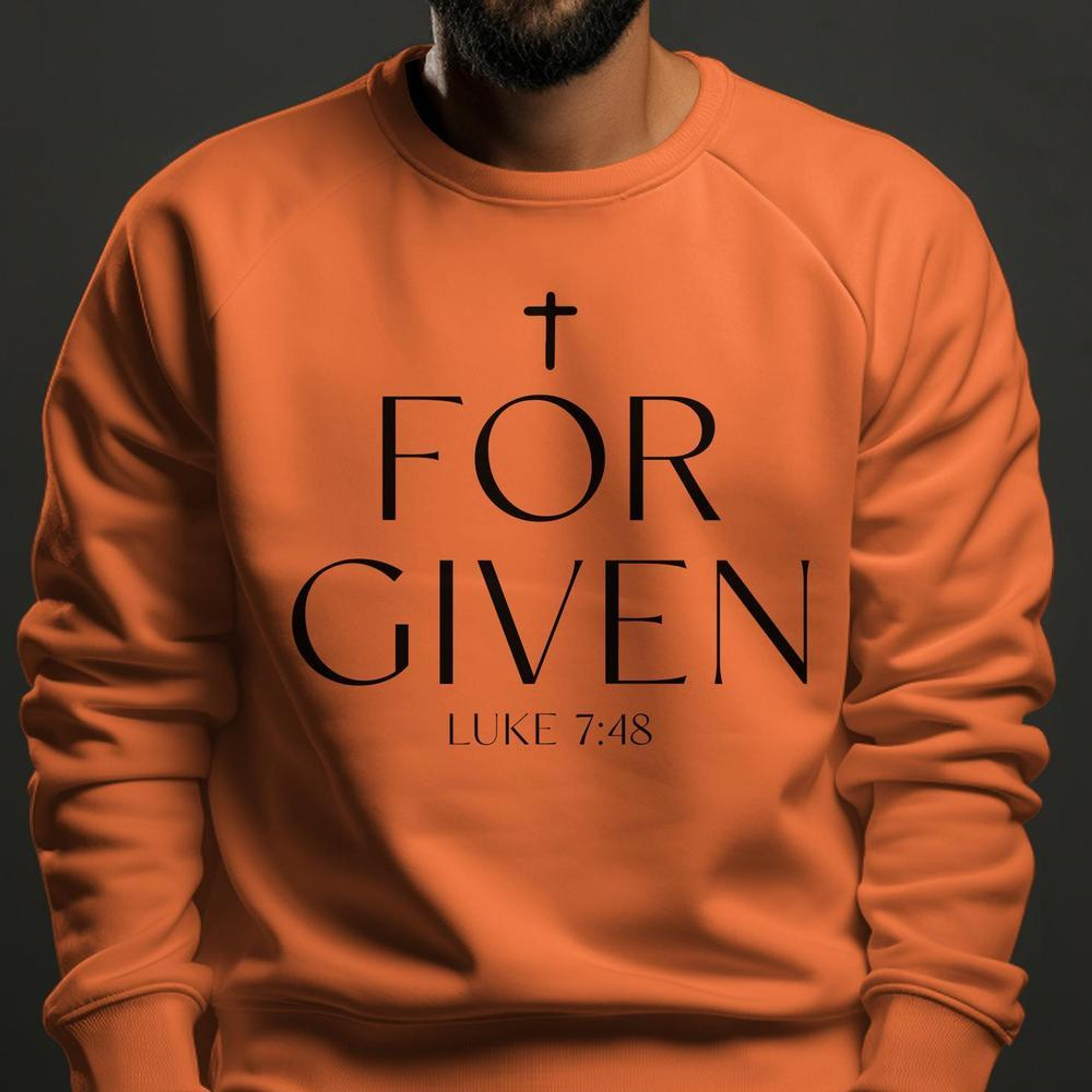 Forgiven Luke 7:48 Men's Fleece Unisex-Fit Sweatshirt - Orange Size: S Color: Orange Jesus Passion Apparel