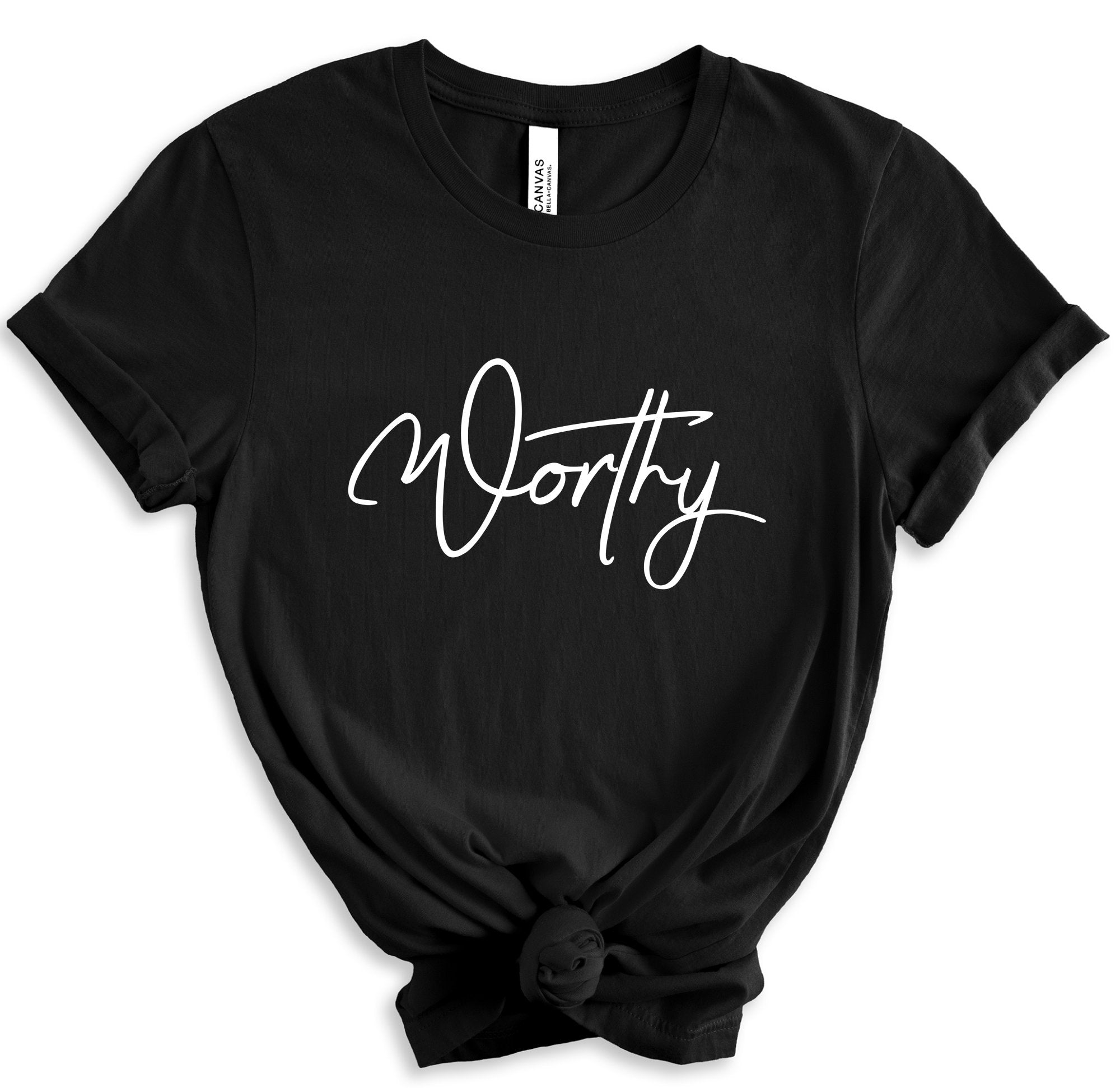 Worthy Unisex Jersey Short Sleeve Tee - Black / White Product Label: T-Shirts (Bella 3001#1) - Size: XS Color: Solid Black Blend Jesus Passion Apparel