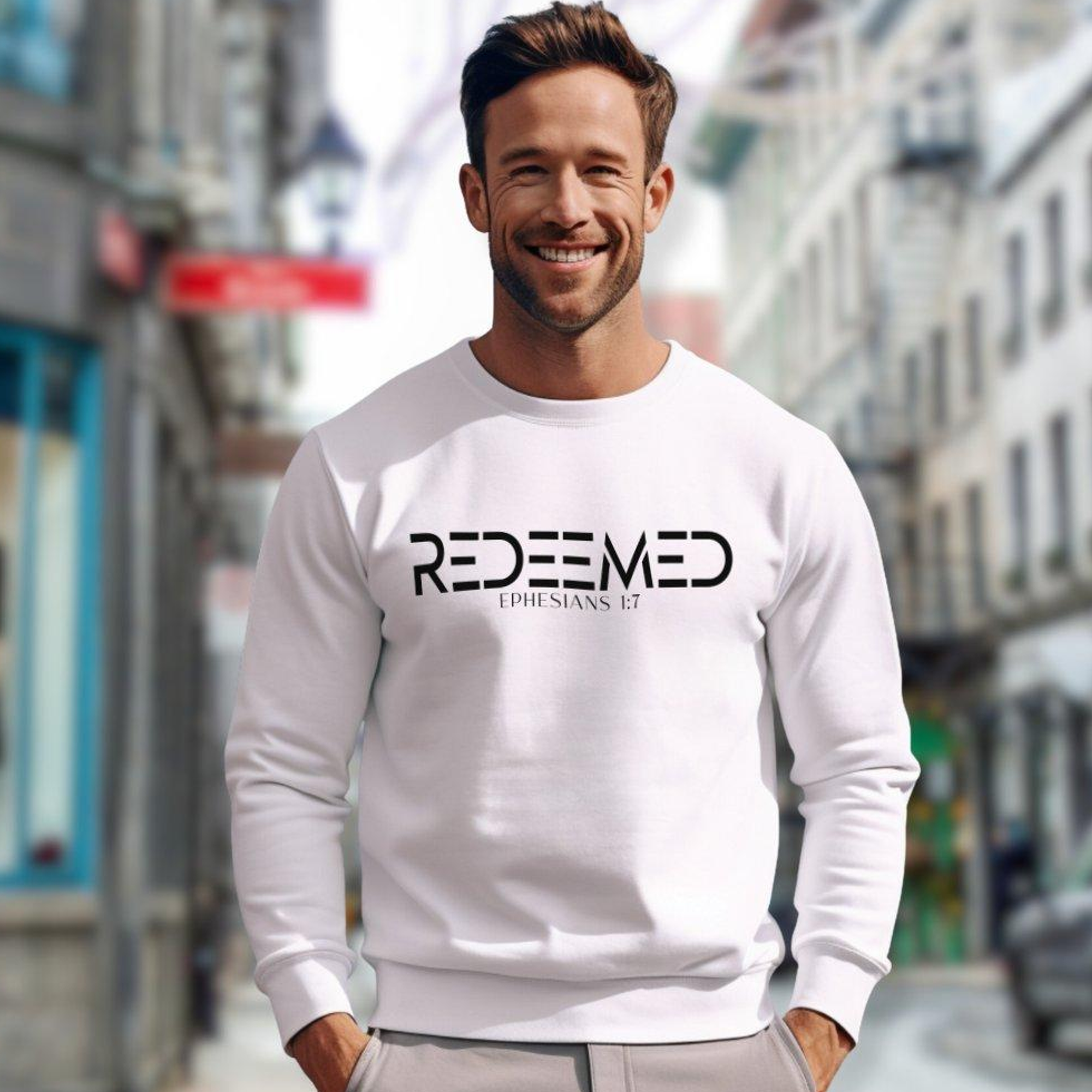 Redeemed Ephesians 1:7 Men's Fleece Unisex-Fit Sweatshirt - White Size: S Color: White Jesus Passion Apparel