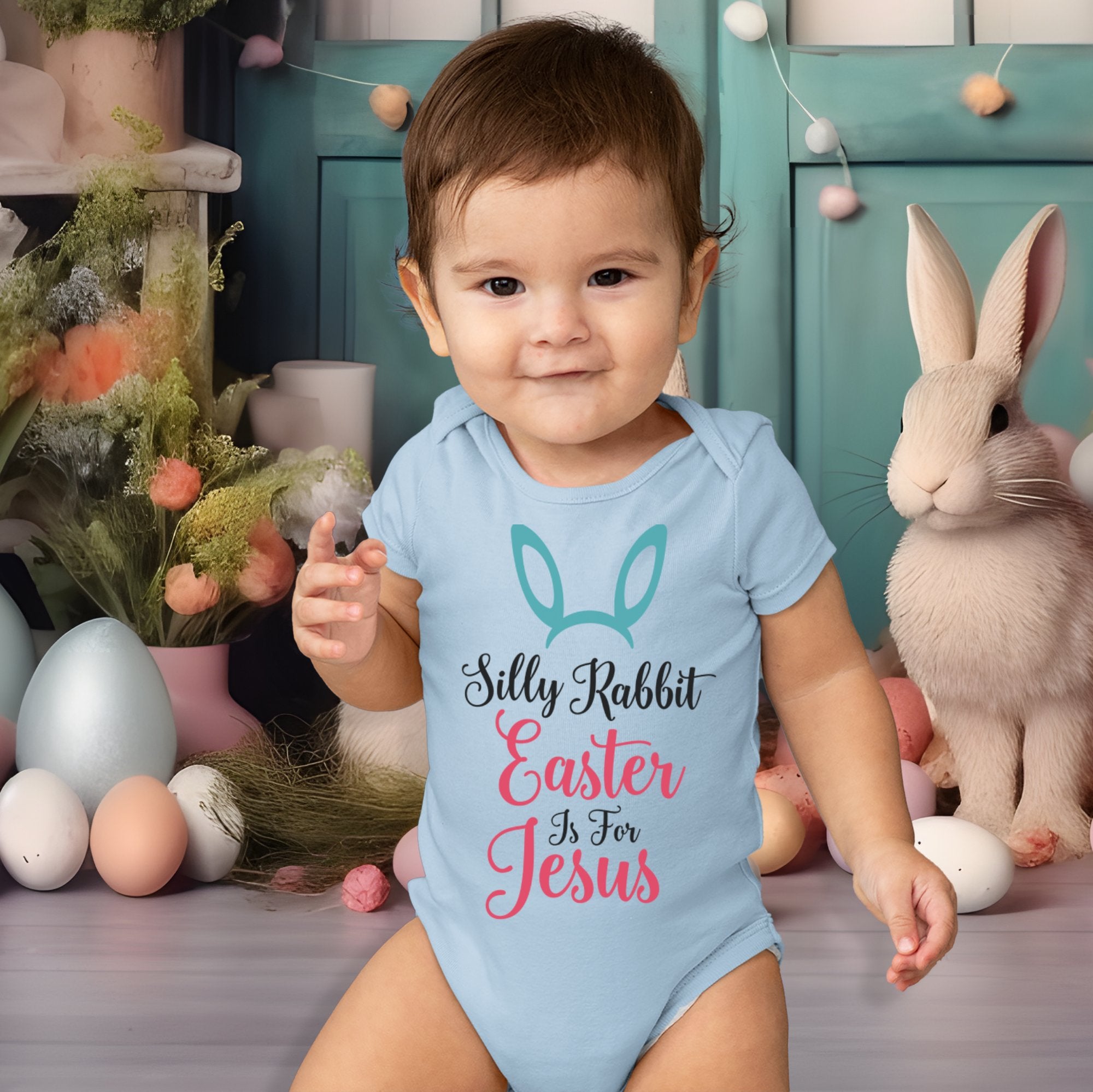Easter Silly Rabbit For Jesus Infant Fine Jersey Bodysuit Size: 6mo Color: White Jesus Passion Apparel