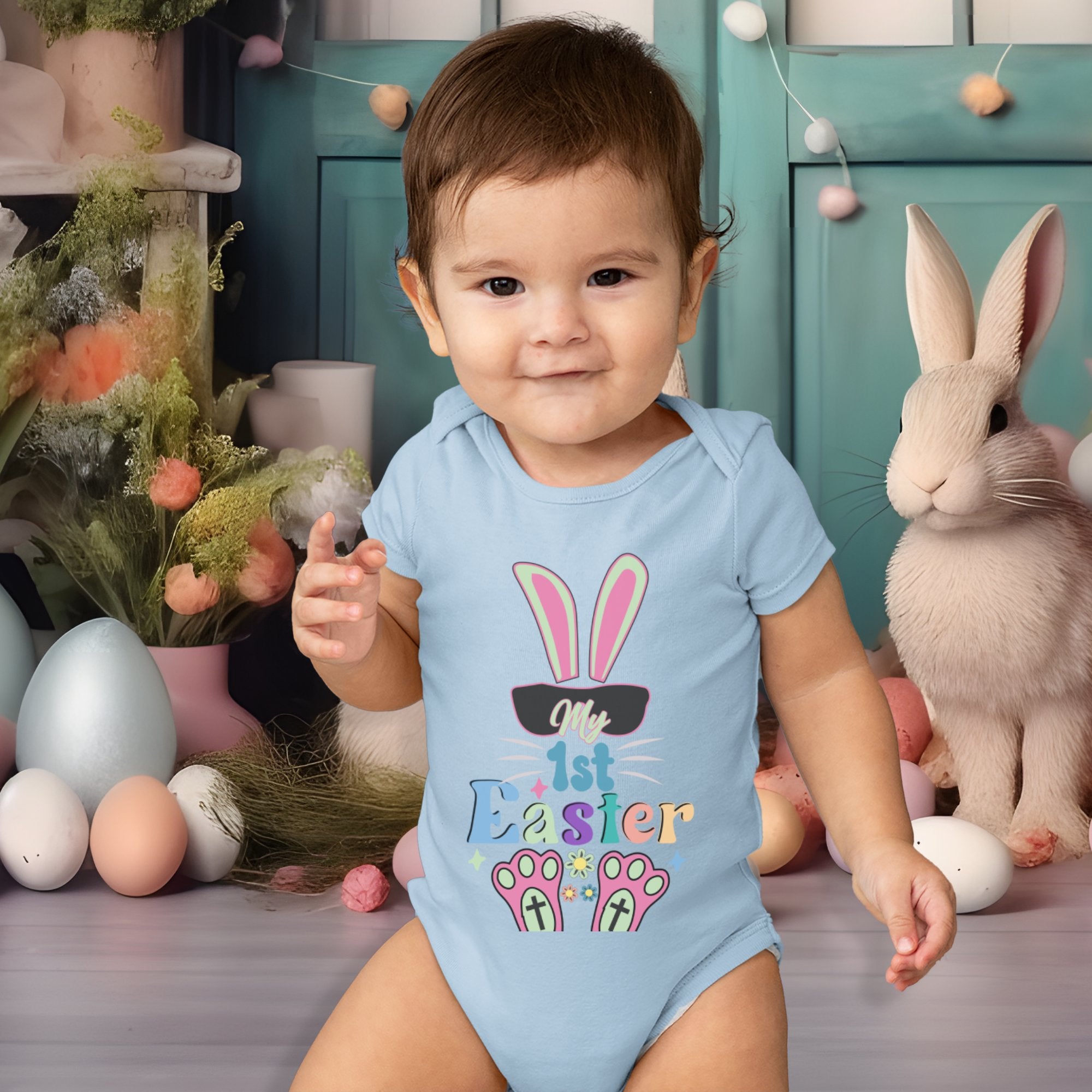 Baby's First Easter Rabbit Crosses Infant Fine Jersey Bodysuit Size: 6mo Color: White Jesus Passion Apparel