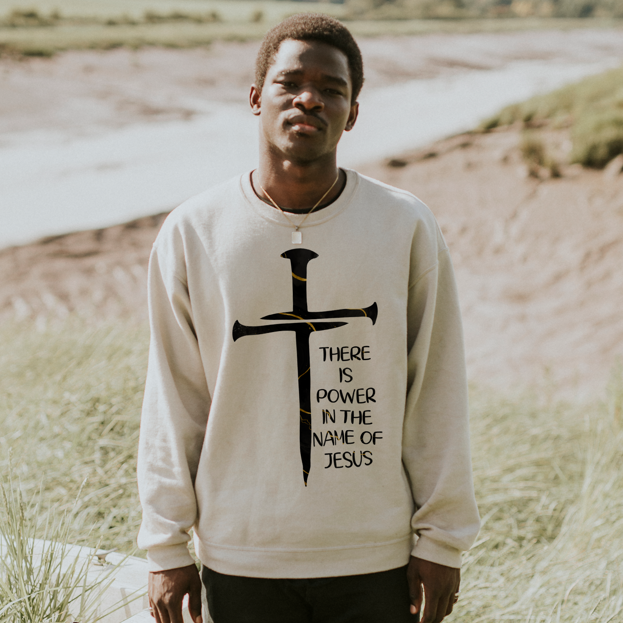 Power In the Name of Jesus Men's Fleece Unisex-Fit Sweatshirt - Sand Size: S Color: Sand Jesus Passion Apparel