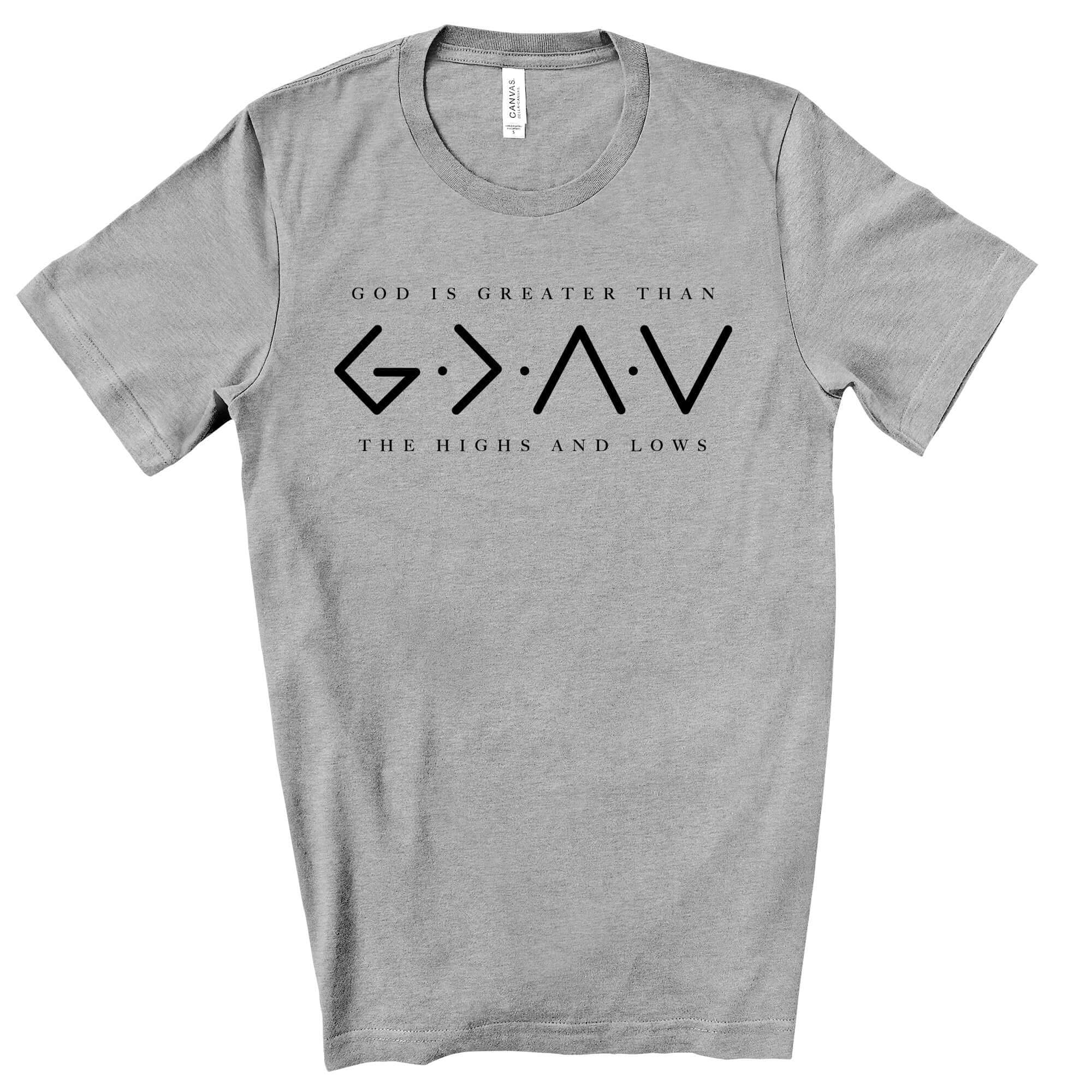 God Is Greatet Than the Highs and Lows Men's Jersey Short Sleeve Tee Size: XS Color: Athletic Heather Jesus Passion Apparel