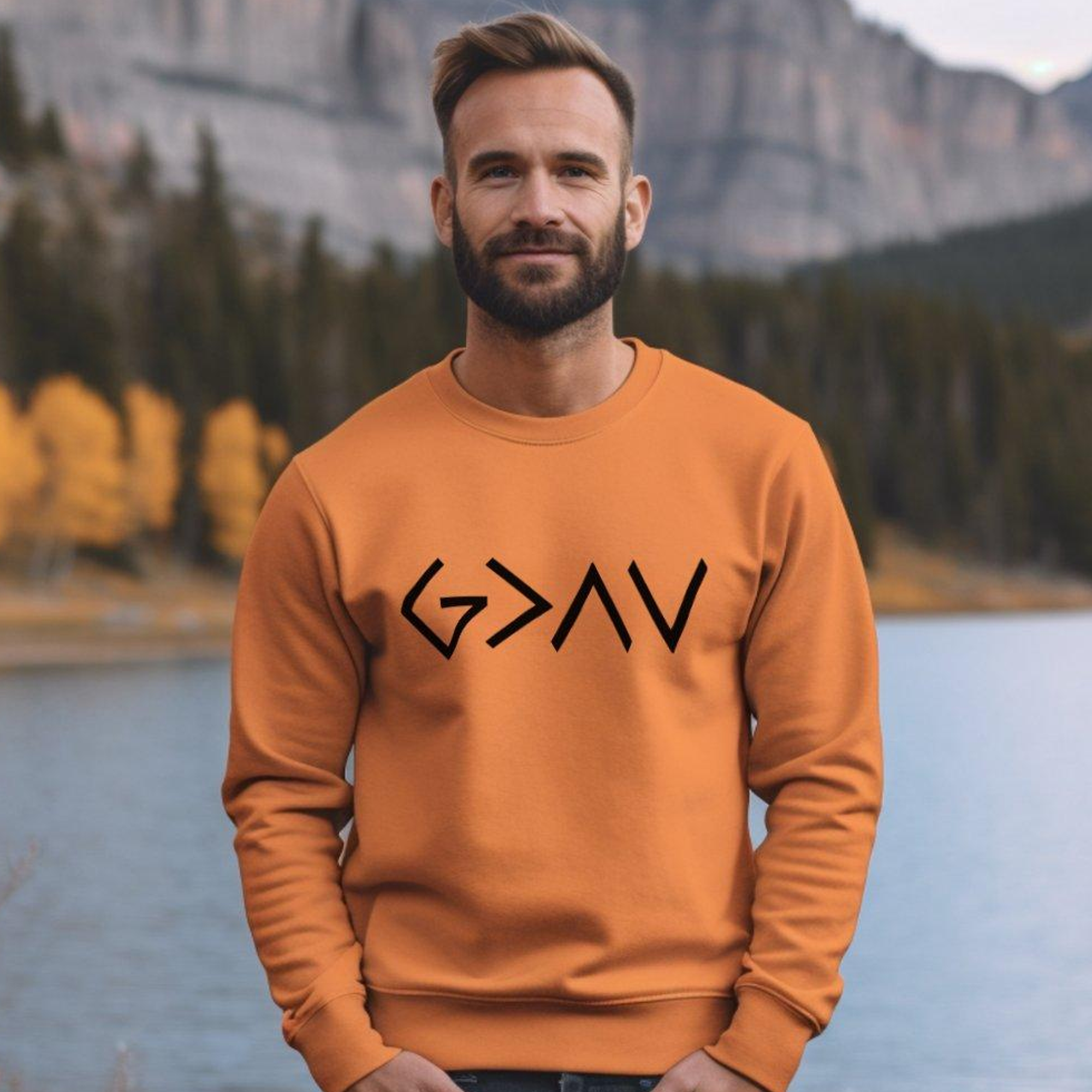 God is Greater Unisex Fleece Sweatshirt - Orange Size: S Color: Orange Jesus Passion Apparel