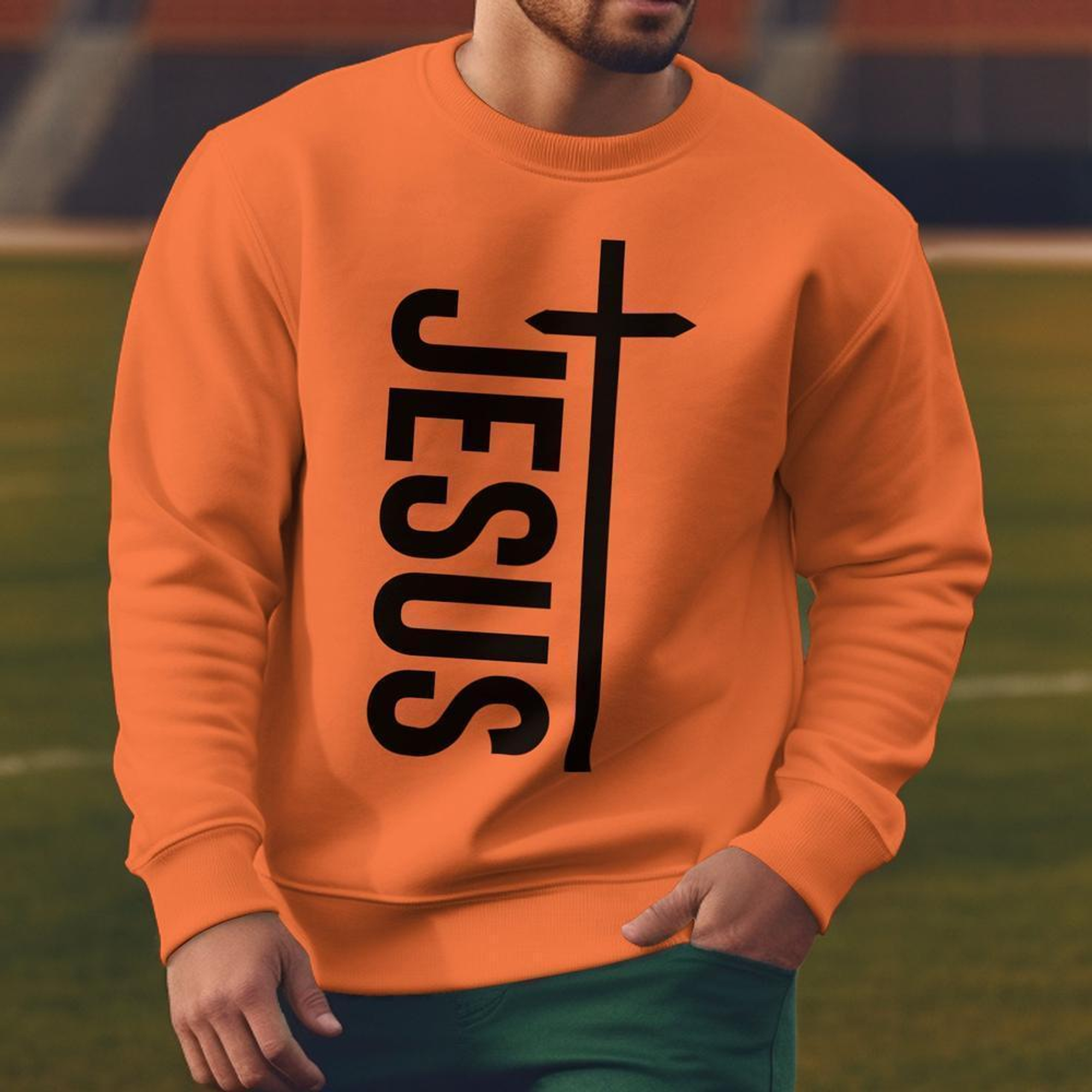 Jesus Vertical Cross Men's Unisex-Fit Fleece Sweatshirt - Orange Size: S Color: Orange Jesus Passion Apparel