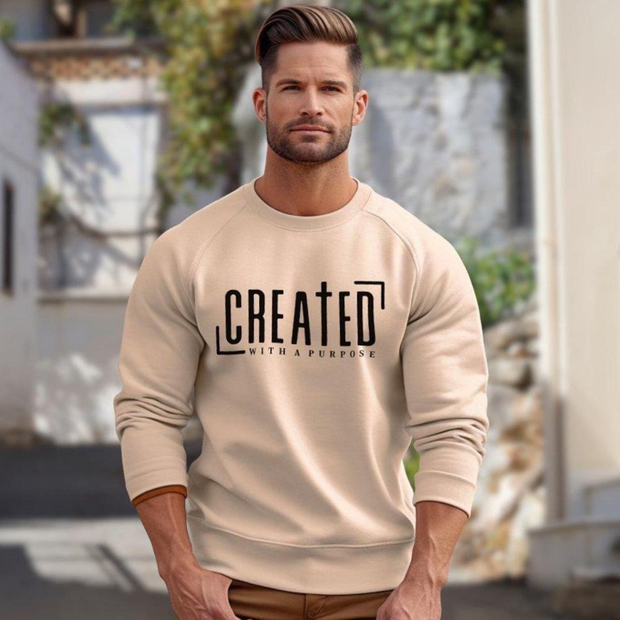 Created with a Purpose Adult Crewneck Sweatshirt - Sand Size: S Color: Sand Jesus Passion Apparel