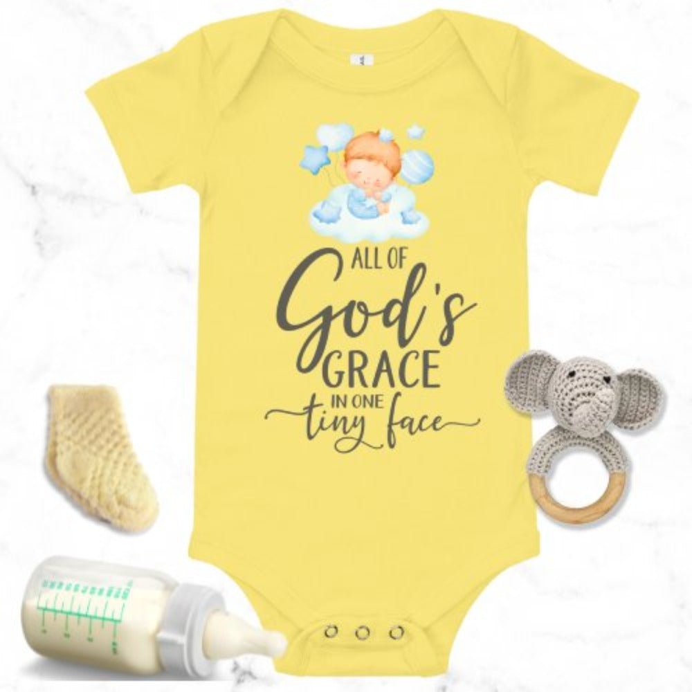 All Of Gods Grace in One Tiny Face Bodysuit Personalized Baby Boy Blonde Hair - Jesus Passion Apparel