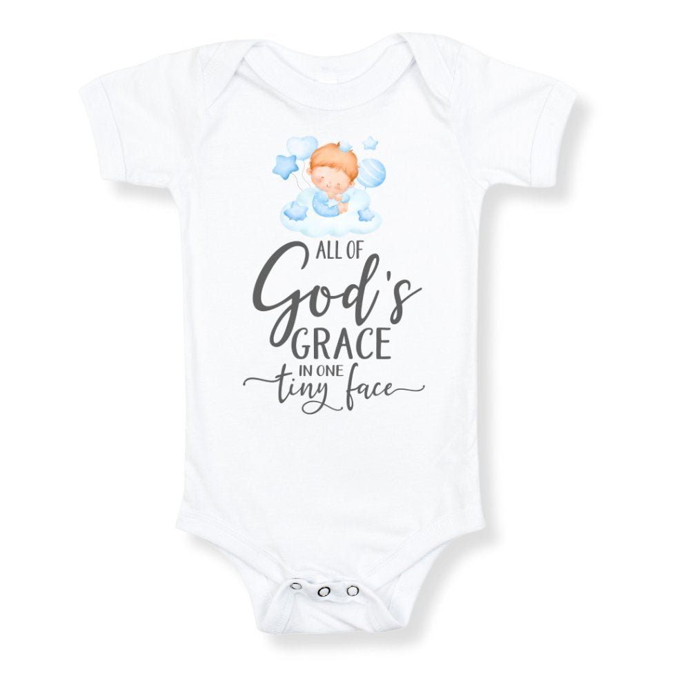 All Of Gods Grace in One Tiny Face Bodysuit Personalized Baby Boy Blonde Hair - Jesus Passion Apparel