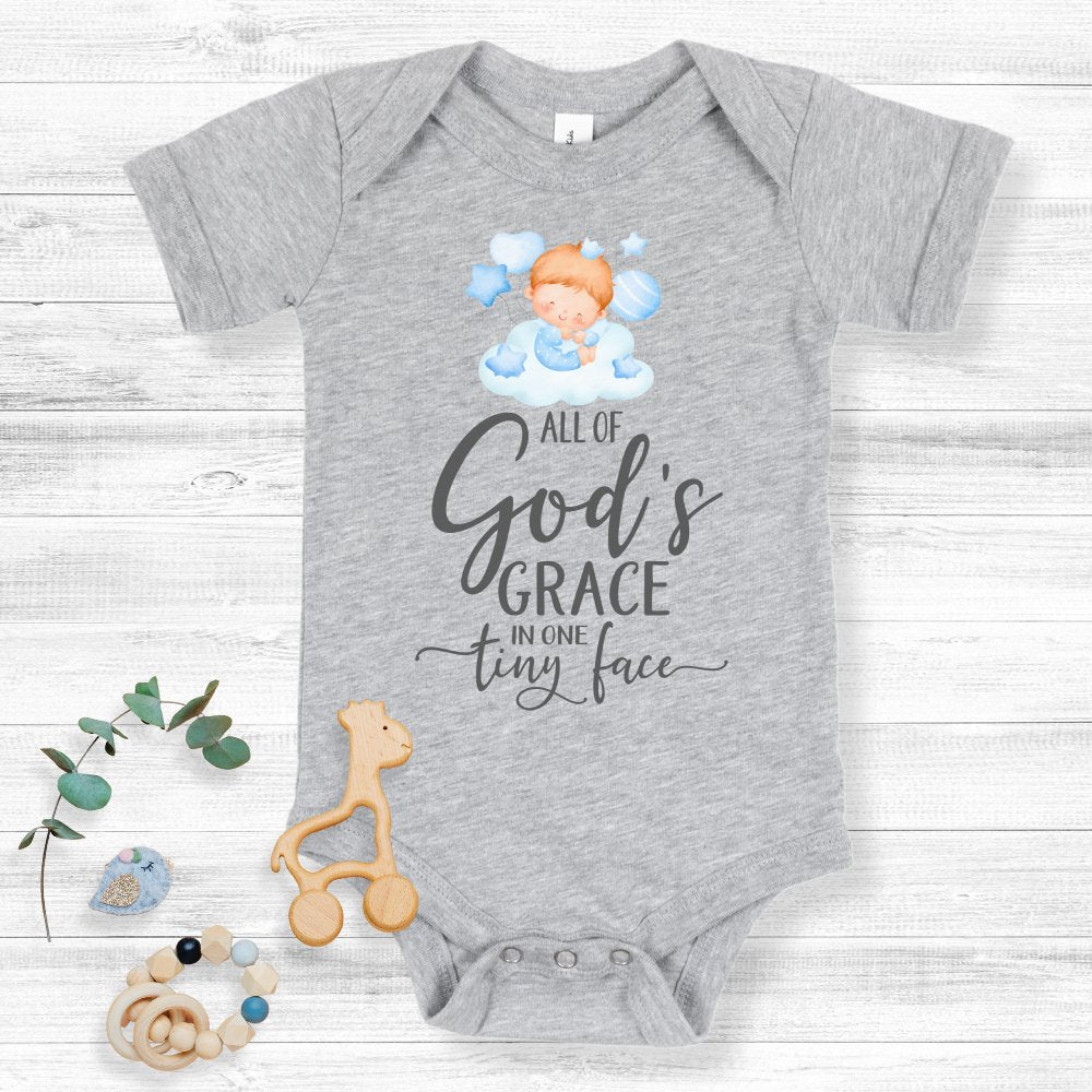 All Of Gods Grace in One Tiny Face Bodysuit Personalized Baby Boy Blonde Hair - Jesus Passion Apparel