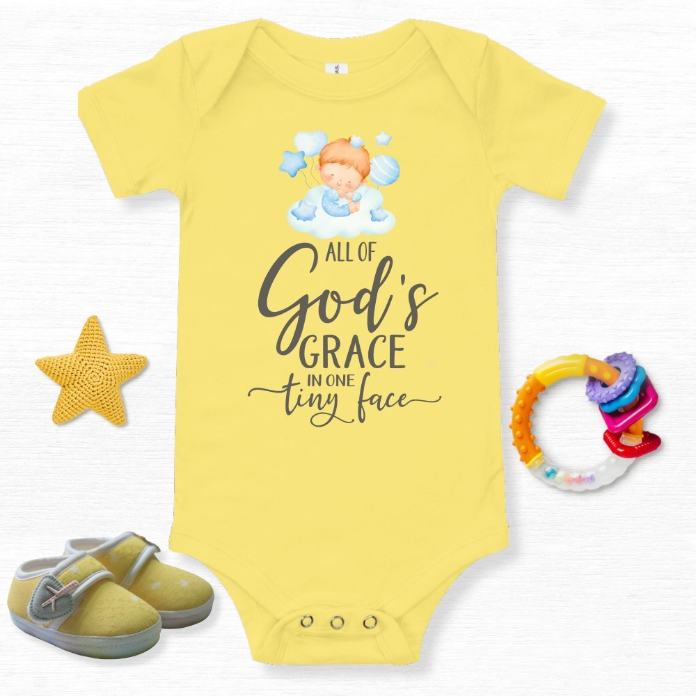 All Of Gods Grace in One Tiny Face Bodysuit Personalized Baby Boy Blonde Hair - Jesus Passion Apparel