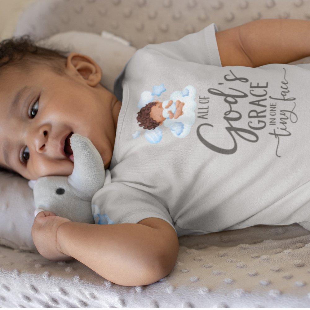 All Of Gods Grace in One Tiny Face Bodysuit Personalized Baby Boy Dark Hair - Jesus Passion Apparel