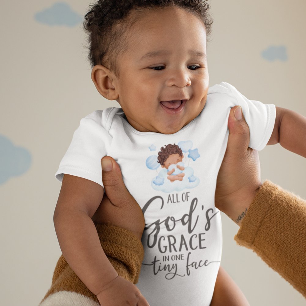 All Of Gods Grace in One Tiny Face Bodysuit Personalized Baby Boy Dark Hair - Jesus Passion Apparel