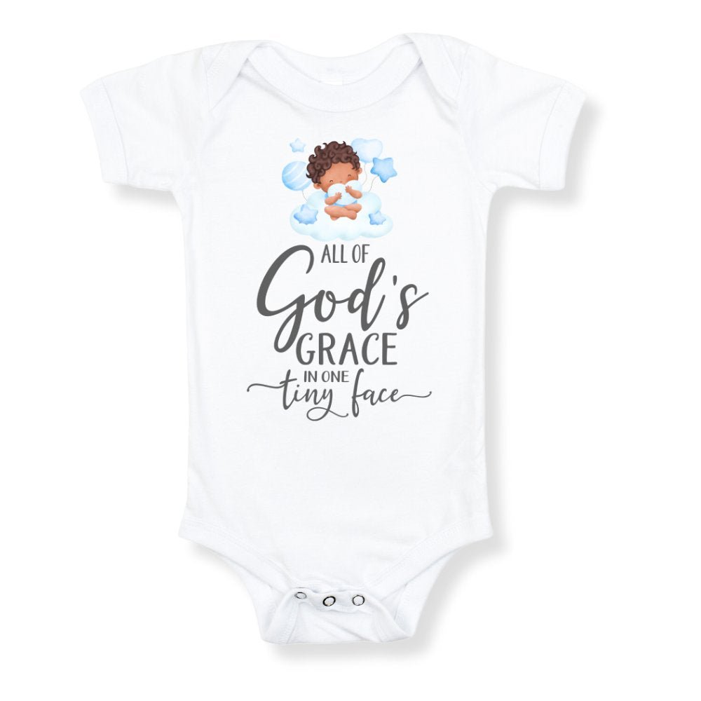 All Of Gods Grace in One Tiny Face Bodysuit Personalized Baby Boy Dark Hair - Jesus Passion Apparel