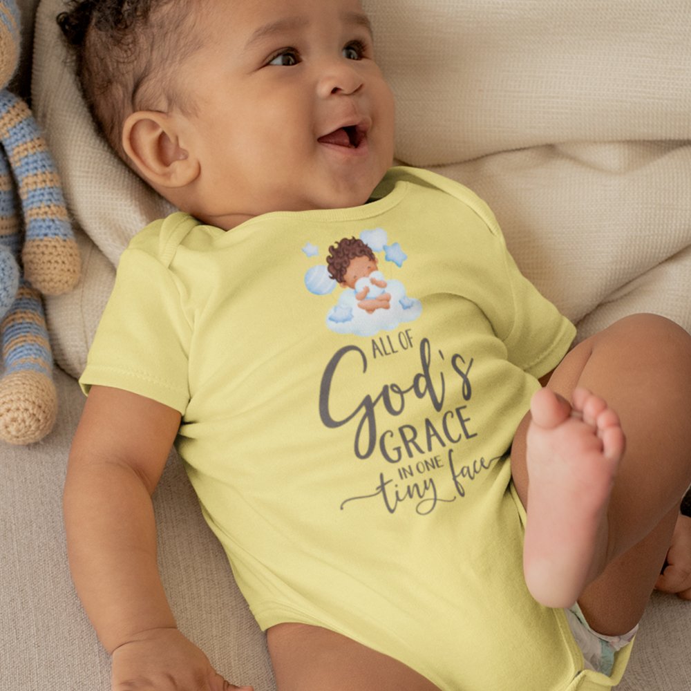 All Of Gods Grace in One Tiny Face Bodysuit Personalized Baby Boy Dark Hair - Jesus Passion Apparel