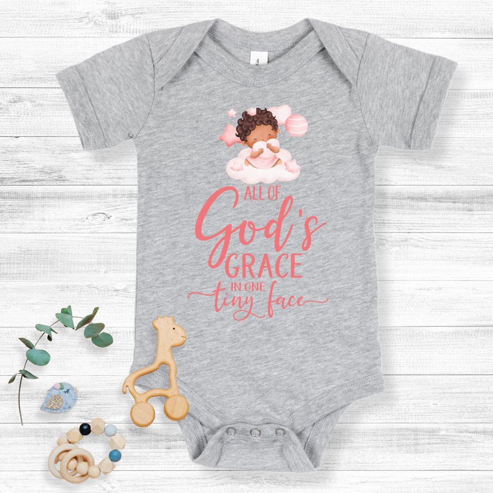 All Of Gods Grace in One Tiny Face Bodysuit Personalized Baby Girl Dark Hair - Jesus Passion Apparel