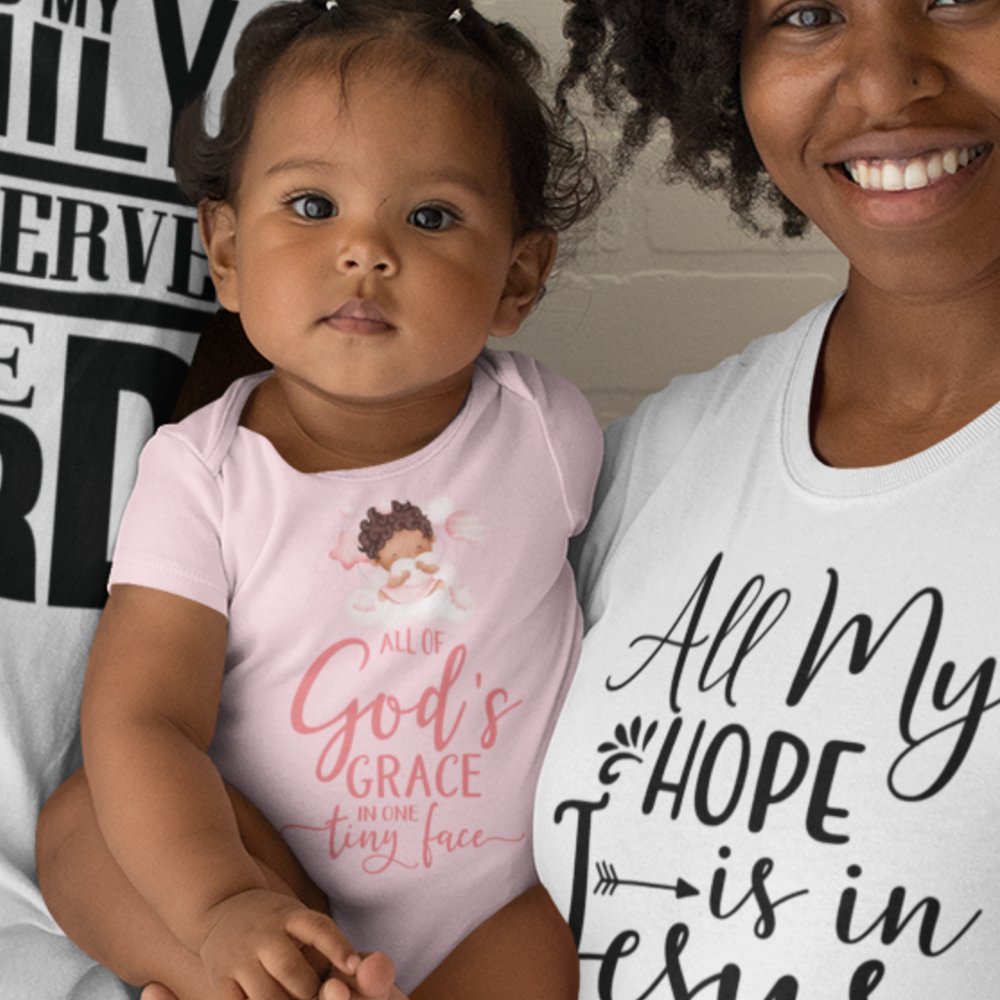 All Of Gods Grace in One Tiny Face Bodysuit Personalized Baby Girl Dark Hair - Jesus Passion Apparel