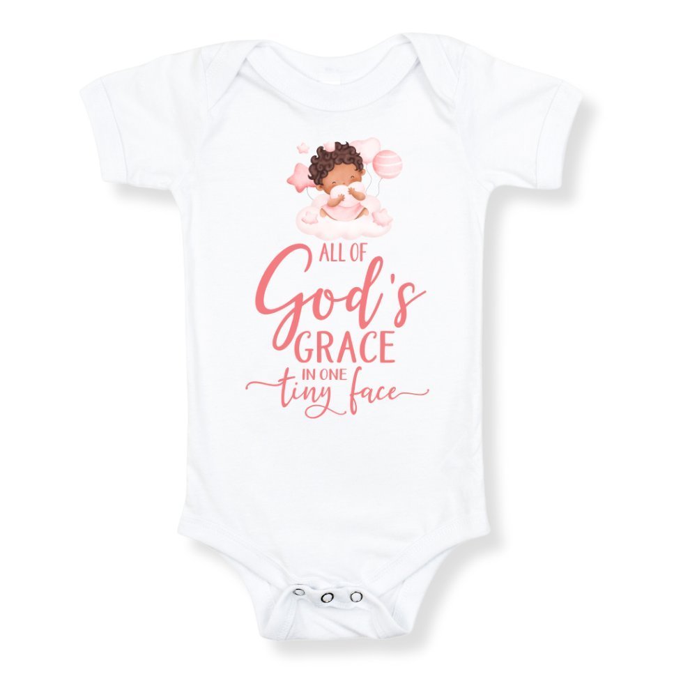 All Of Gods Grace in One Tiny Face Bodysuit Personalized Baby Girl Dark Hair - Jesus Passion Apparel