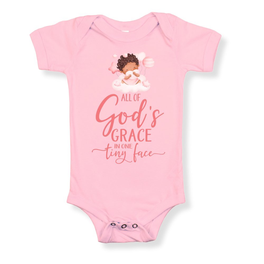 All Of Gods Grace in One Tiny Face Bodysuit Personalized Baby Girl Dark Hair - Jesus Passion Apparel