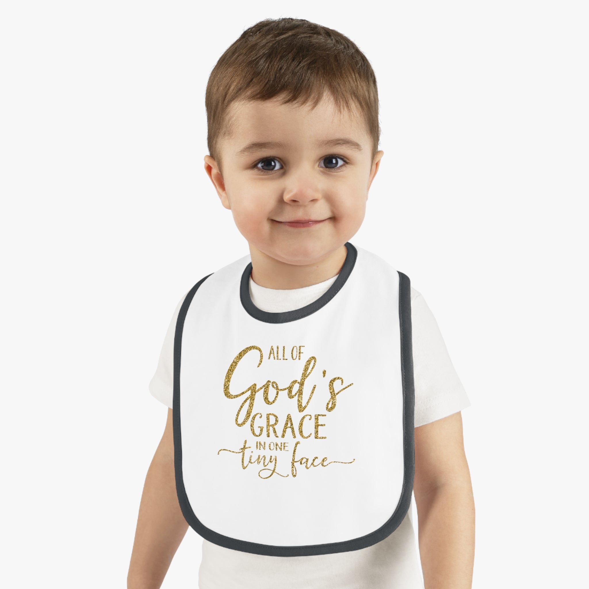 All of God's Grace in One Tiny Face - Silver Glitter Baby Jersey Bib - Jesus Passion Apparel