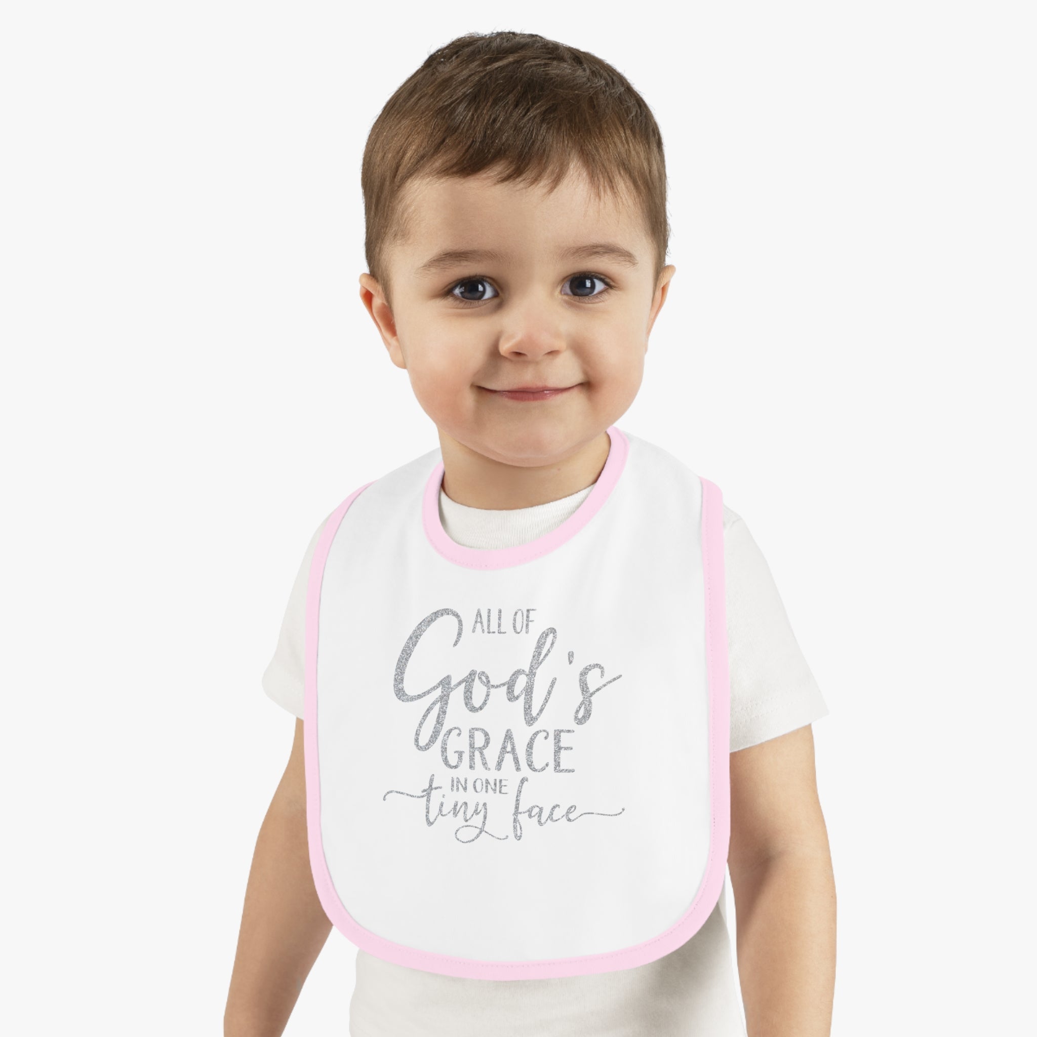 All of God's Grace in One Tiny Face - Silver Glitter Baby Jersey Bib - Jesus Passion Apparel