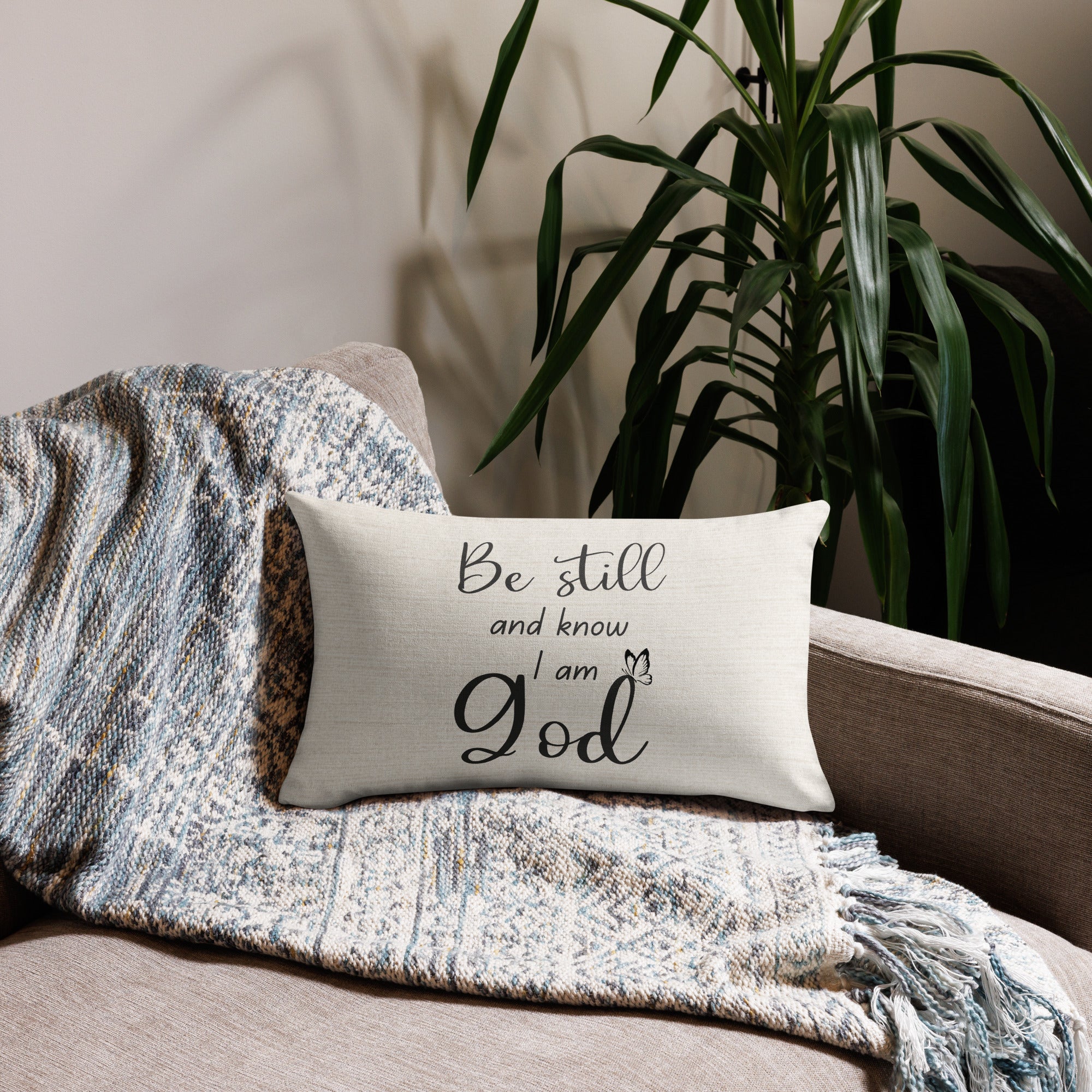 Be Still and Know Am God Script with Natural Linen Design Premium Pillow Size: 18″×18″ Jesus Passion Apparel