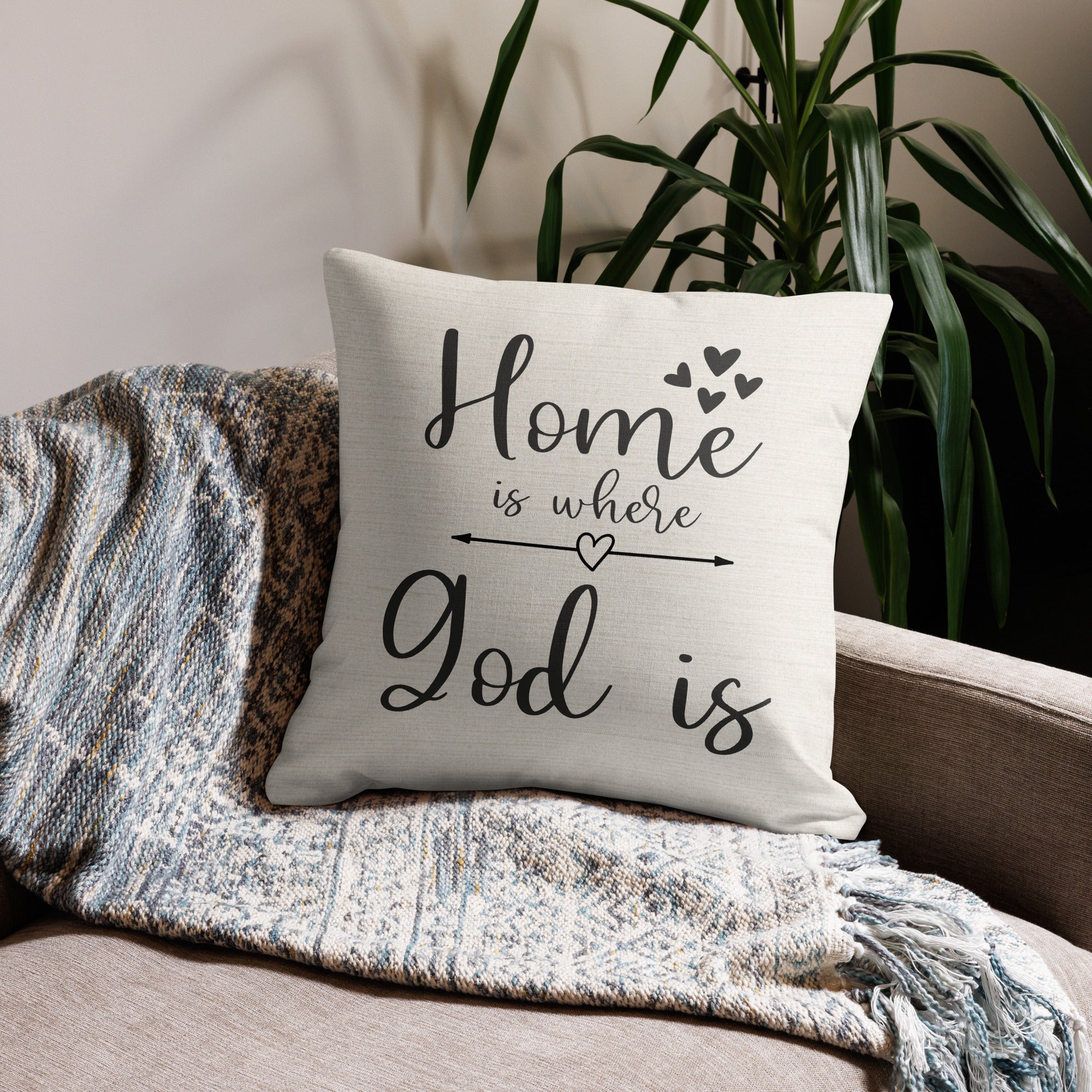 Home is Where God Is Script with Natural Linen Design Premium Pillows Size: 18″×18″ Jesus Passion Apparel