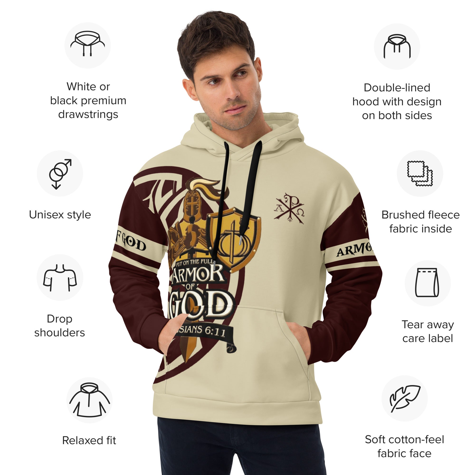 Armor Of God Men's Fleece Hoodie with Matching Bottoms Available Size: XS Jesus Passion Apparel