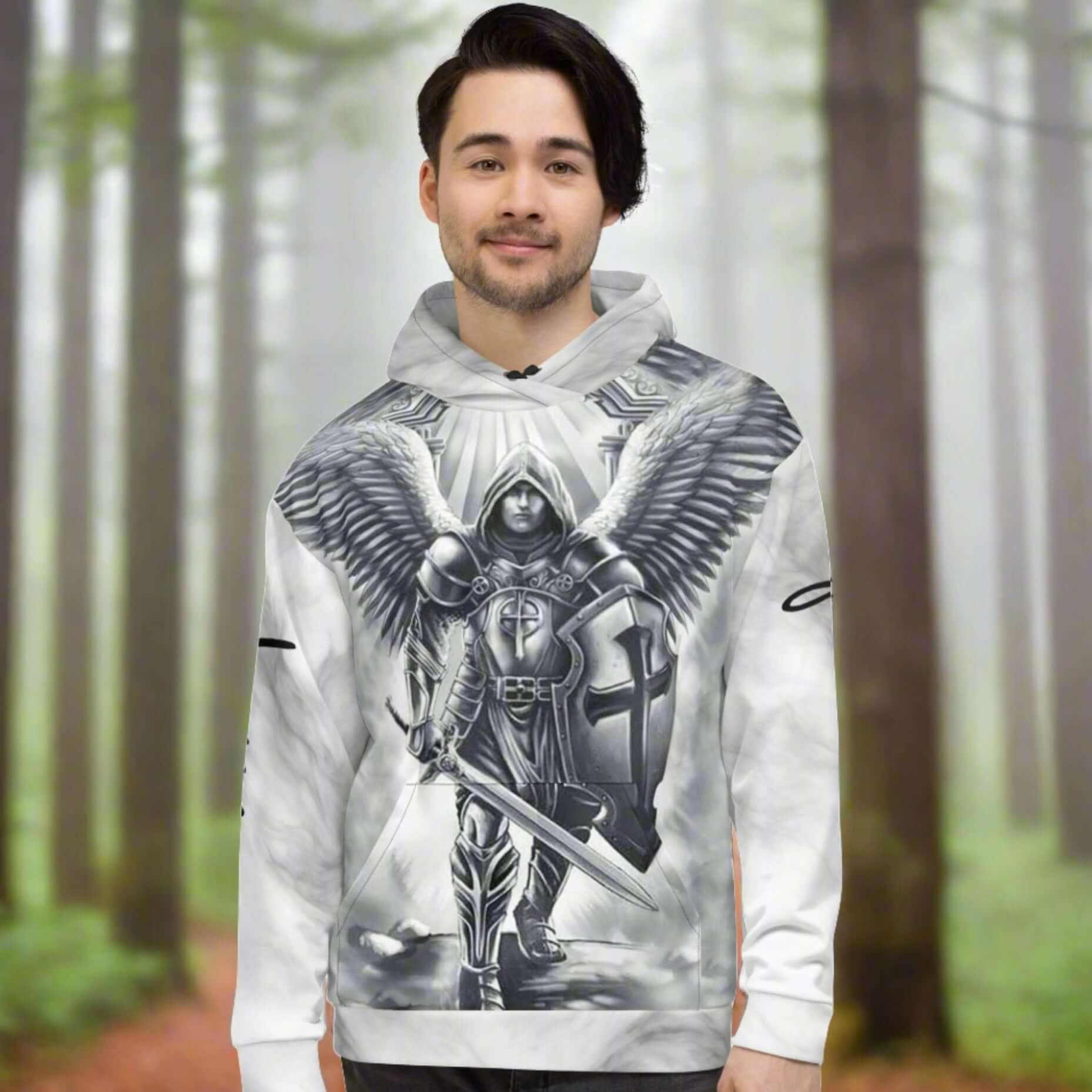 HoodieEmbrace the strength and protection of Archangel Michael with our "Warrior Protector" Unisex Fleece Hoodie. Crafted with comfort and style in mind, this hoodie features a powerful design symbolizing the courageous spirit of the archangel. Made from