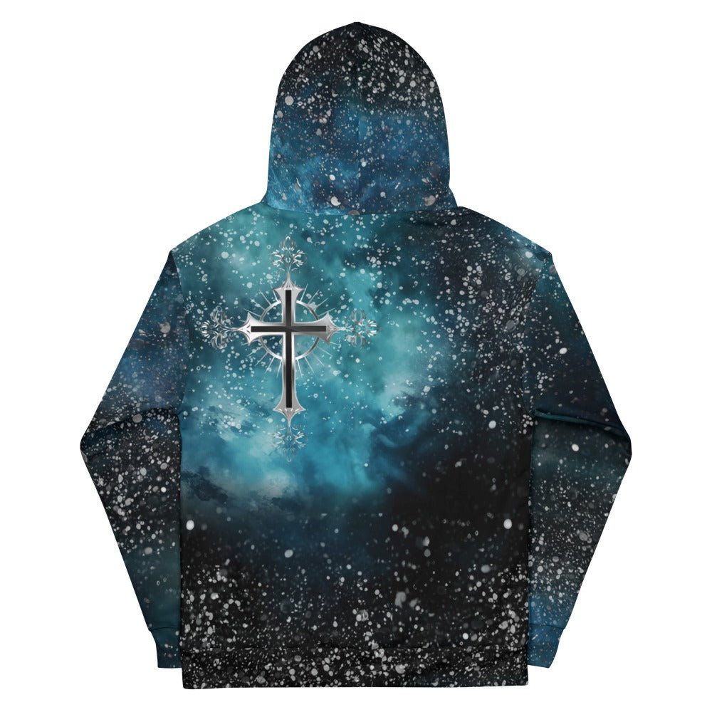 Cosmic Cross Turquois Fleece Unisex Hoodie Size: XS Jesus Passion Apparel