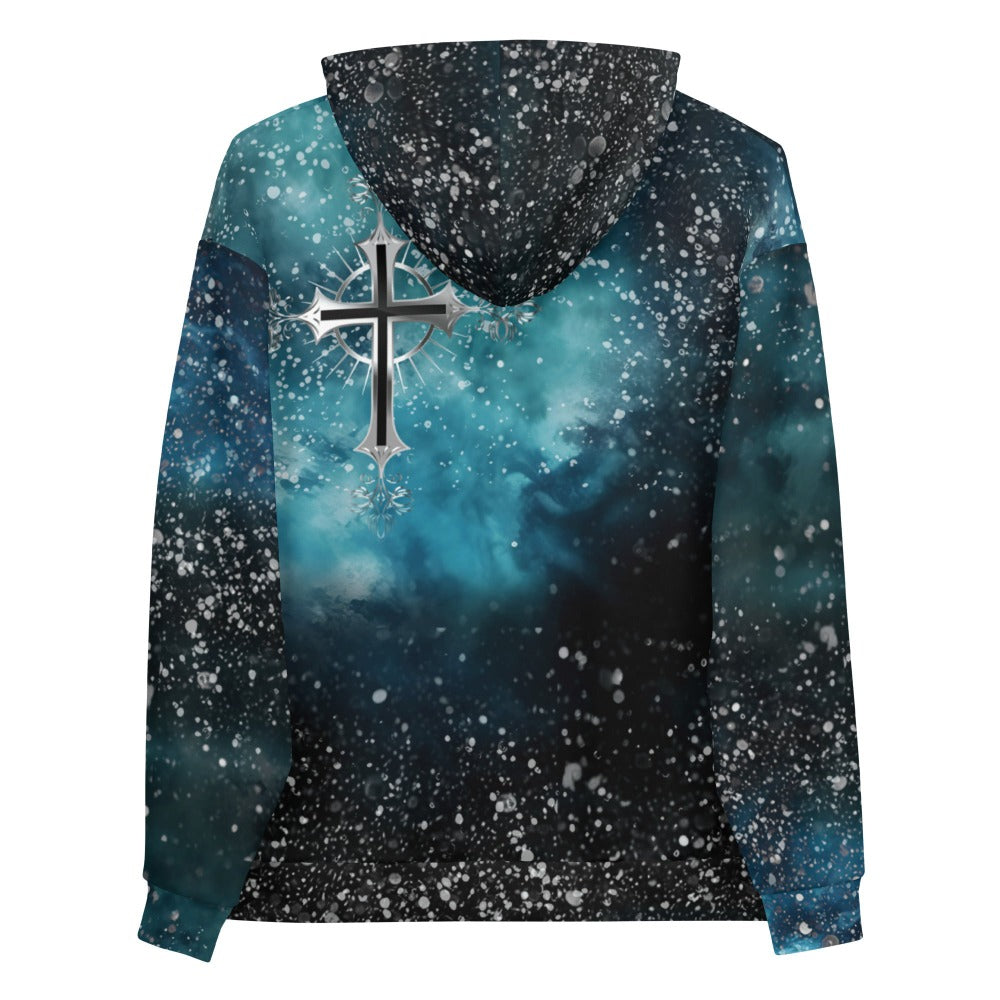 Cosmic Cross Turquois Fleece Unisex Hoodie Size: XS Jesus Passion Apparel