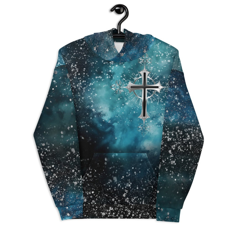 Cosmic Cross Turquois Fleece Unisex Hoodie Size: XS Jesus Passion Apparel