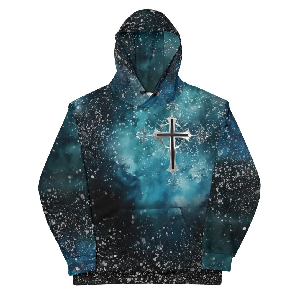 Cosmic Cross Turquois Fleece Unisex Hoodie Size: XS Jesus Passion Apparel