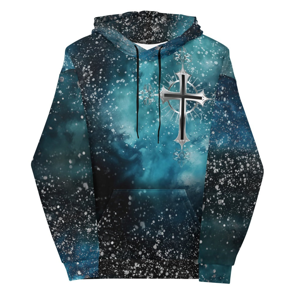 Cosmic Cross Turquois Fleece Unisex Hoodie Size: XS Jesus Passion Apparel