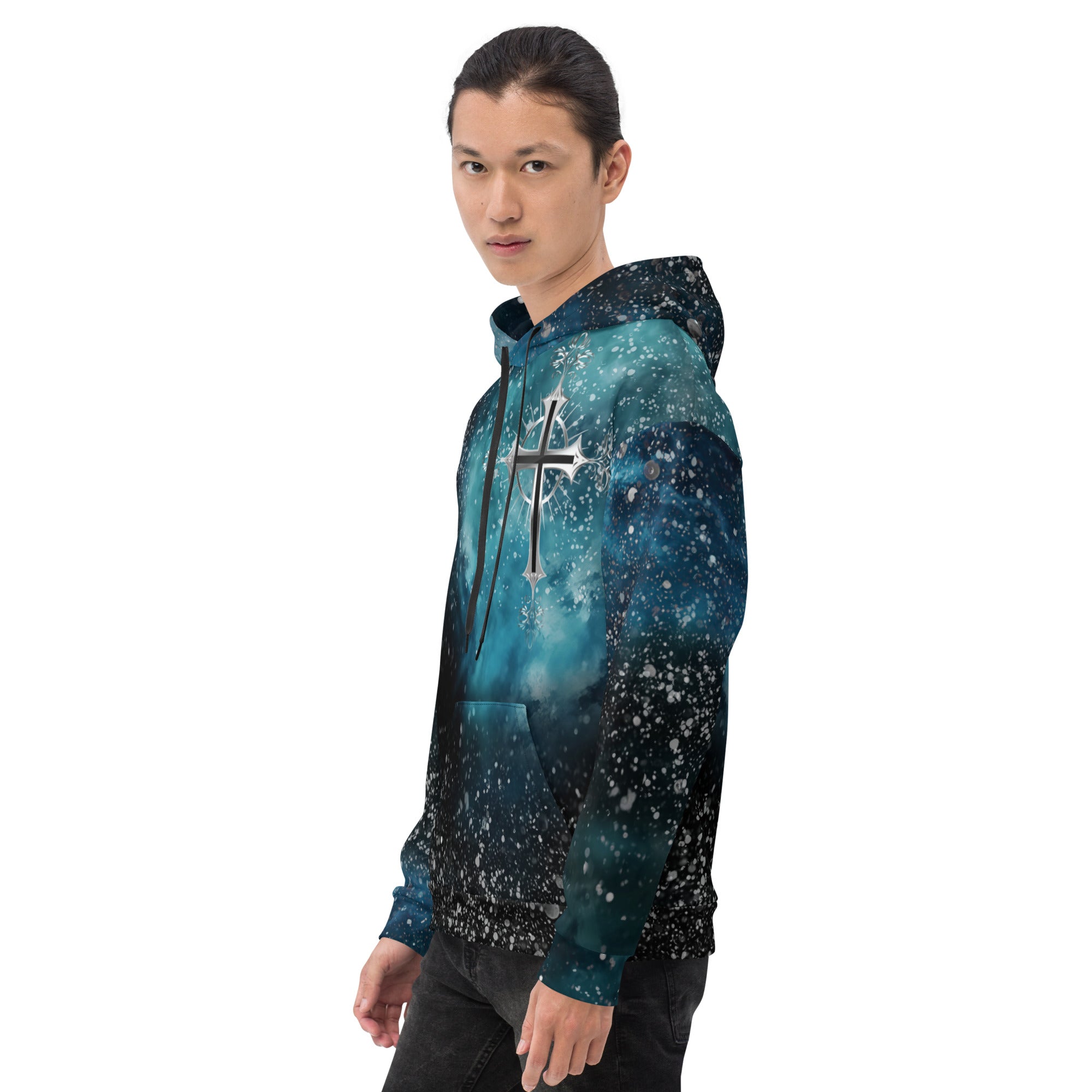 Cosmic Cross Turquois Fleece Unisex Hoodie Size: XS Jesus Passion Apparel