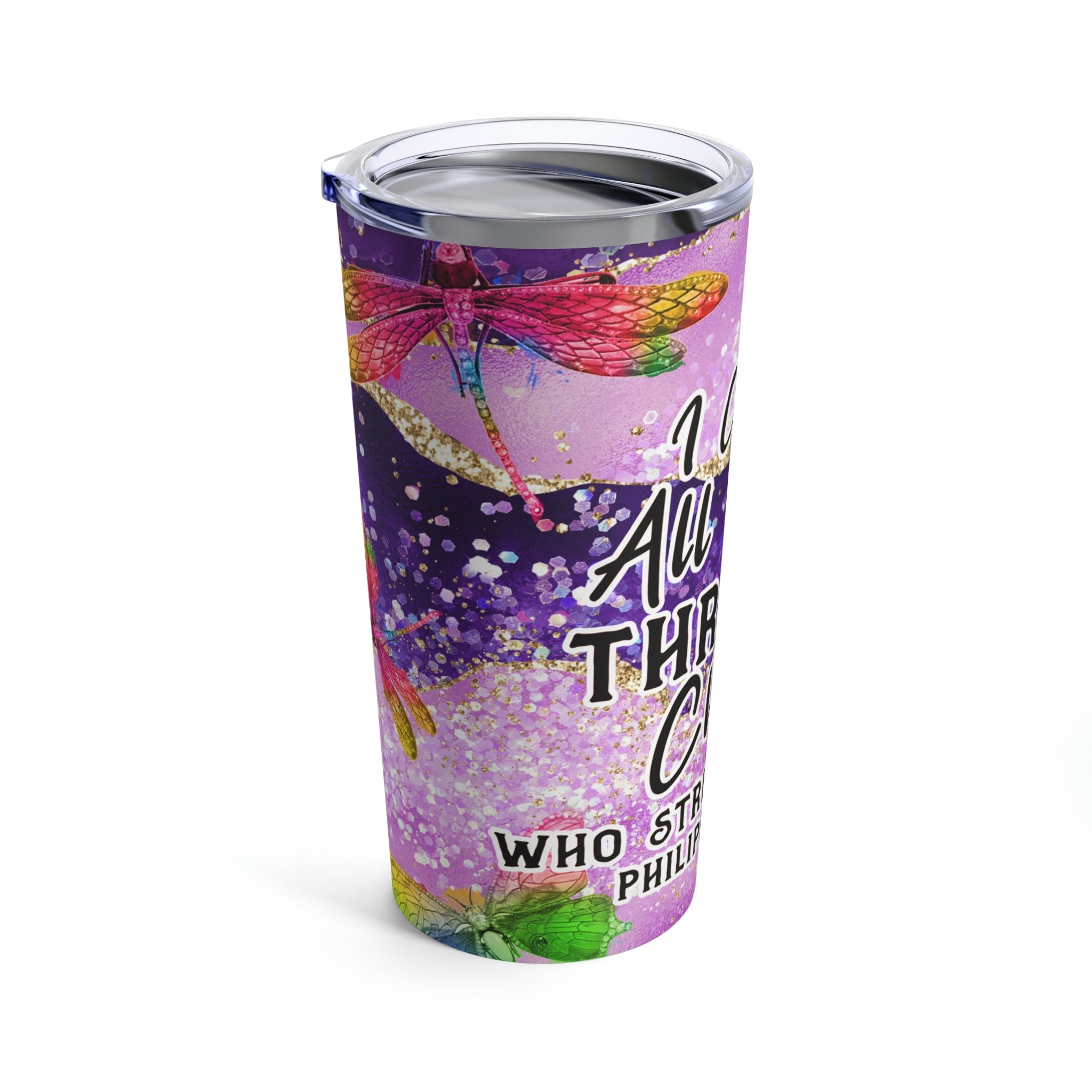 All Things Through Christ Dragonfly Hot - Cold Tumbler 20 oz with Sip Lid - Jesus Passion Apparel