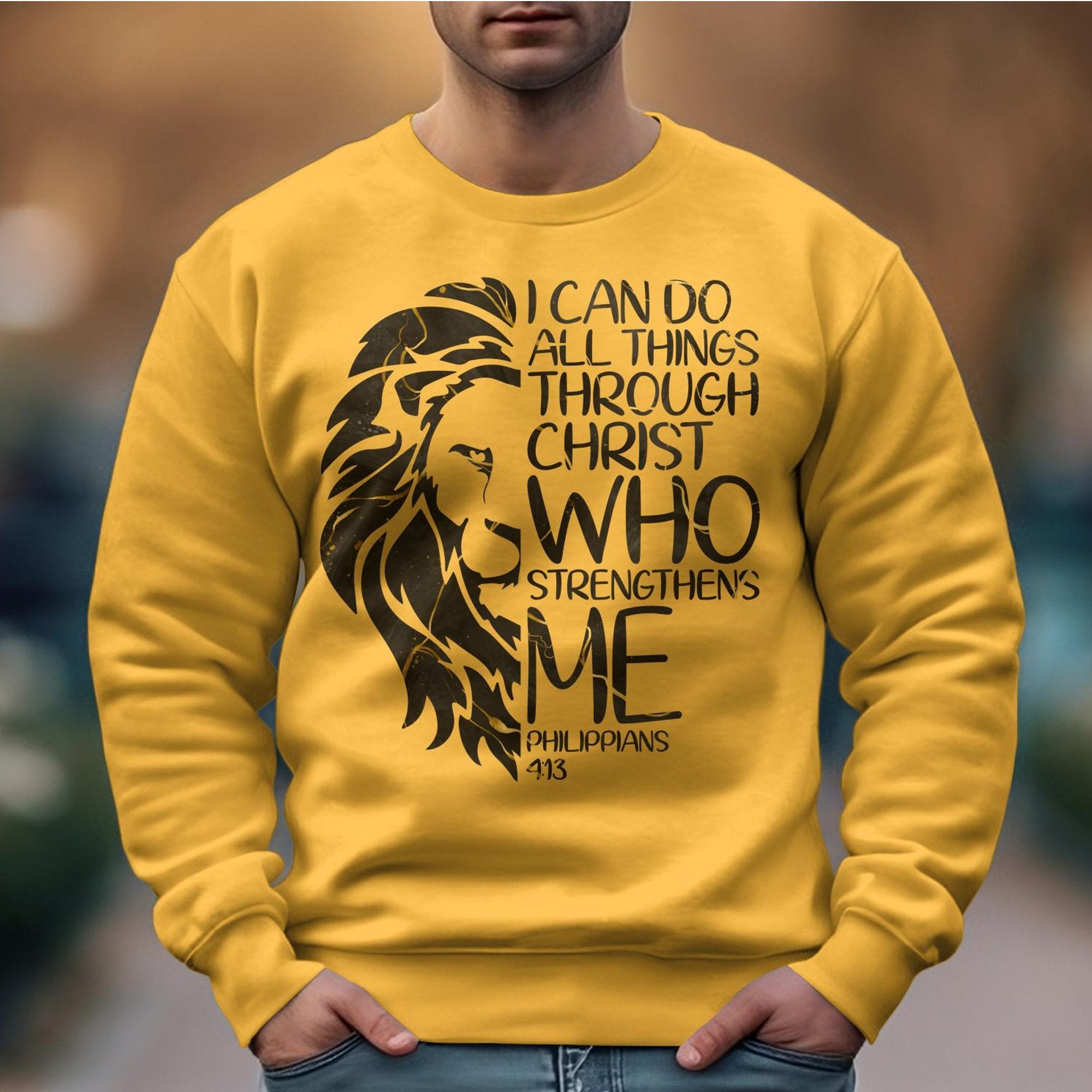 All Through Christ Men's Fleece Unisex - Fit Sweatshirt - Gold - Jesus Passion Apparel