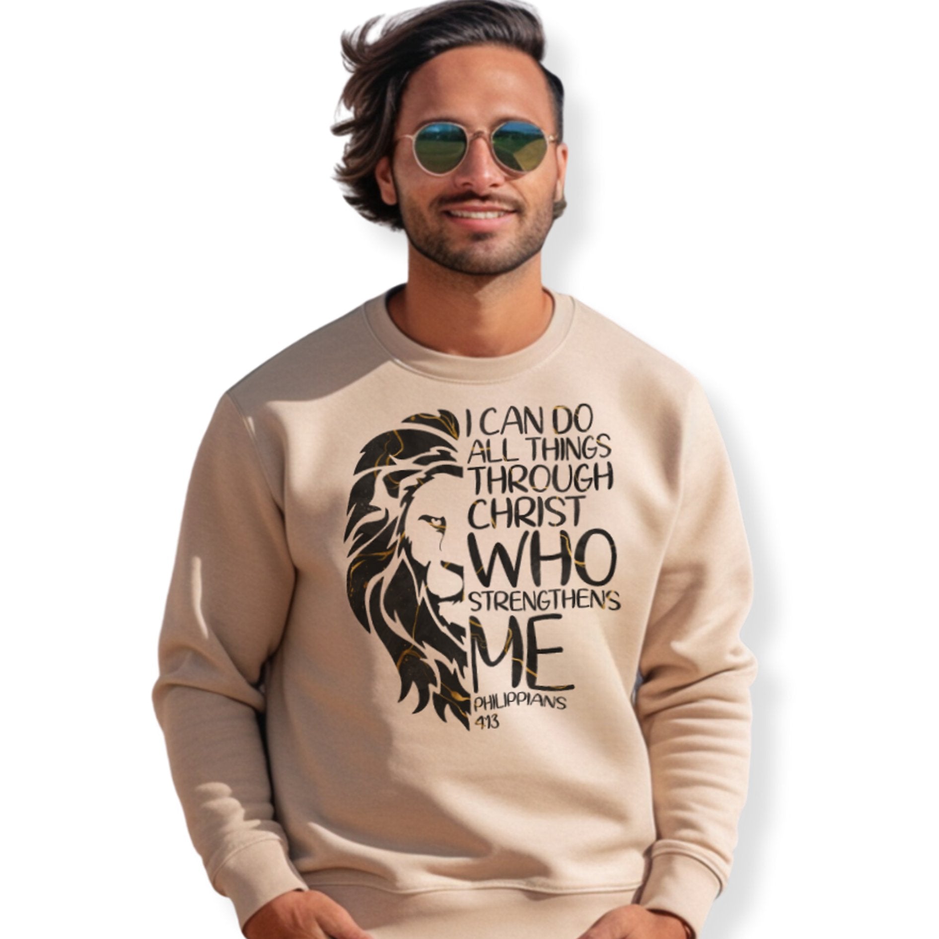 All Through Christ Men's Fleece Unisex - Fit Sweatshirt - Sand - Jesus Passion Apparel