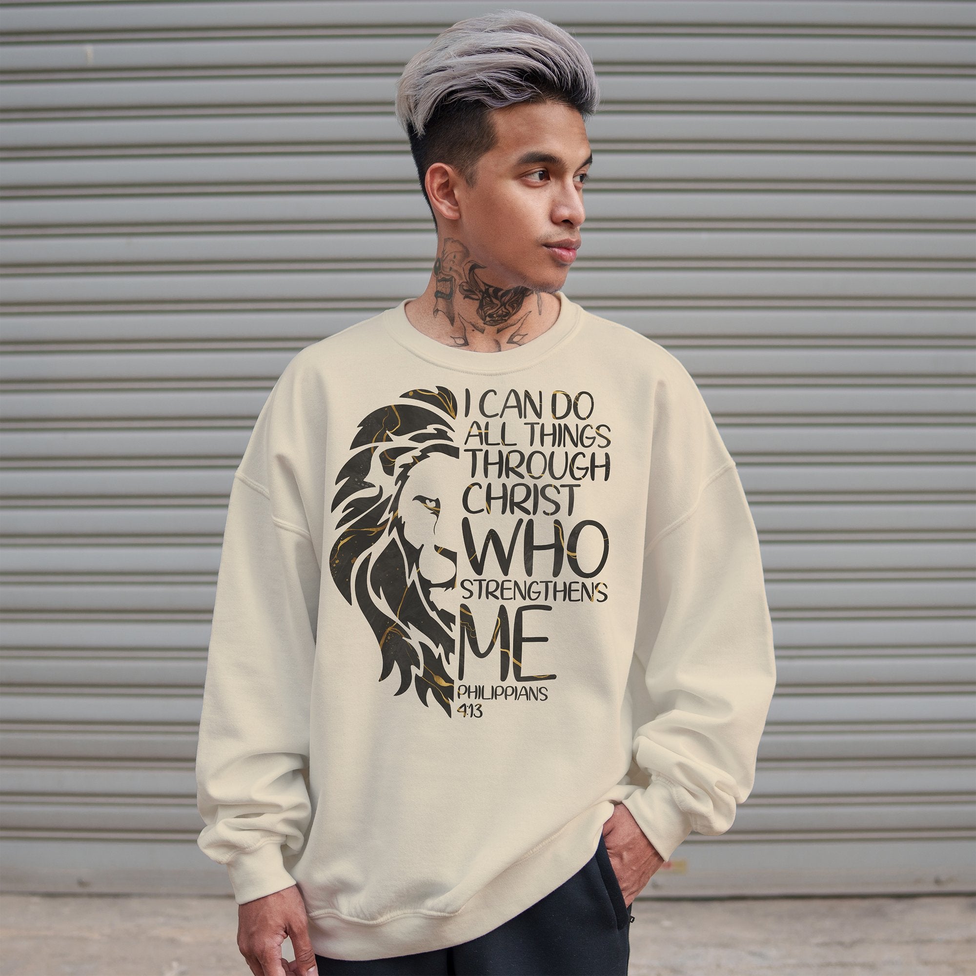 All Through Christ Men's Fleece Unisex - Fit Sweatshirt - Sand - Jesus Passion Apparel