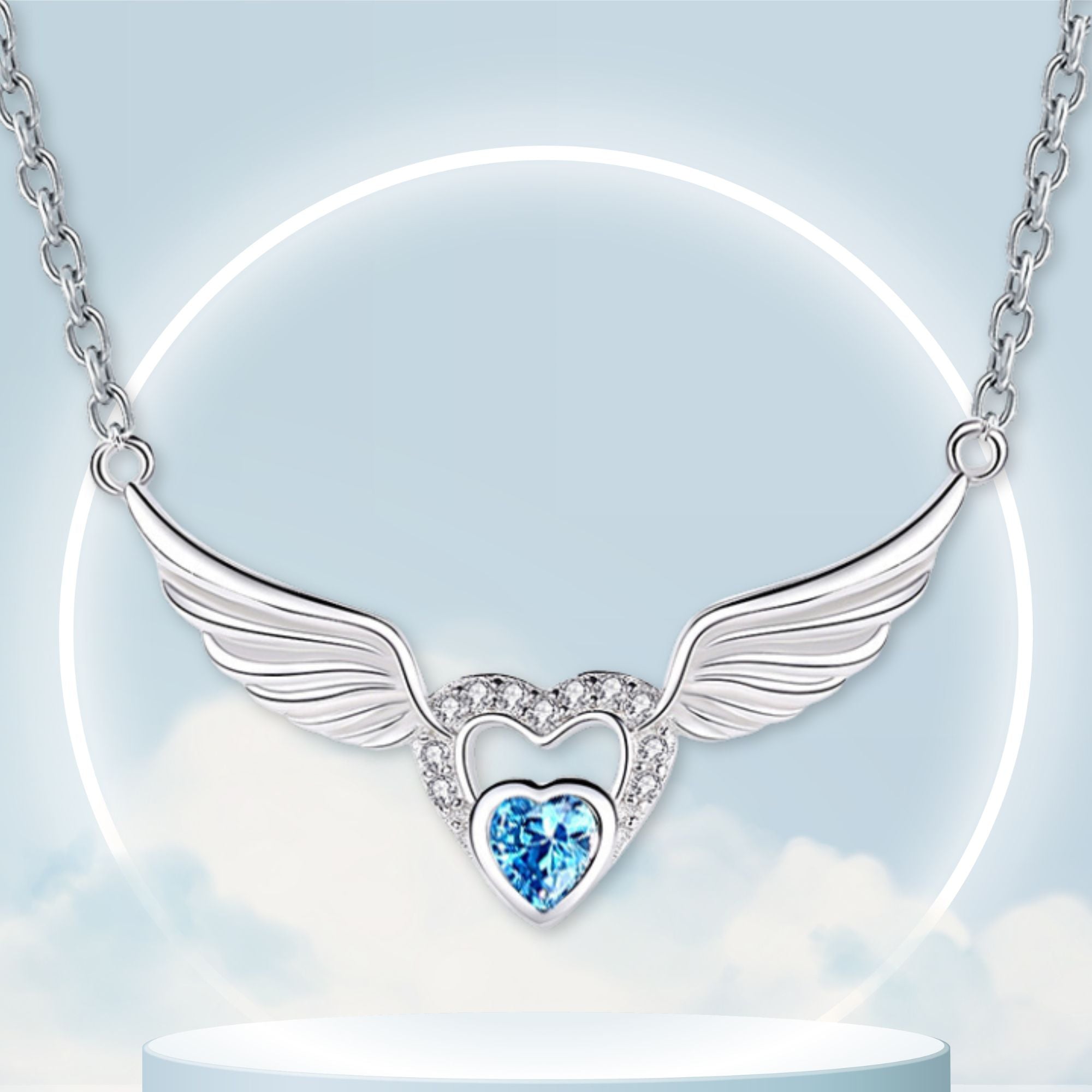 Angel Wings and Heart Sterling Silver Pendant - Clear, Blue or Red - Jesus Passion Apparel