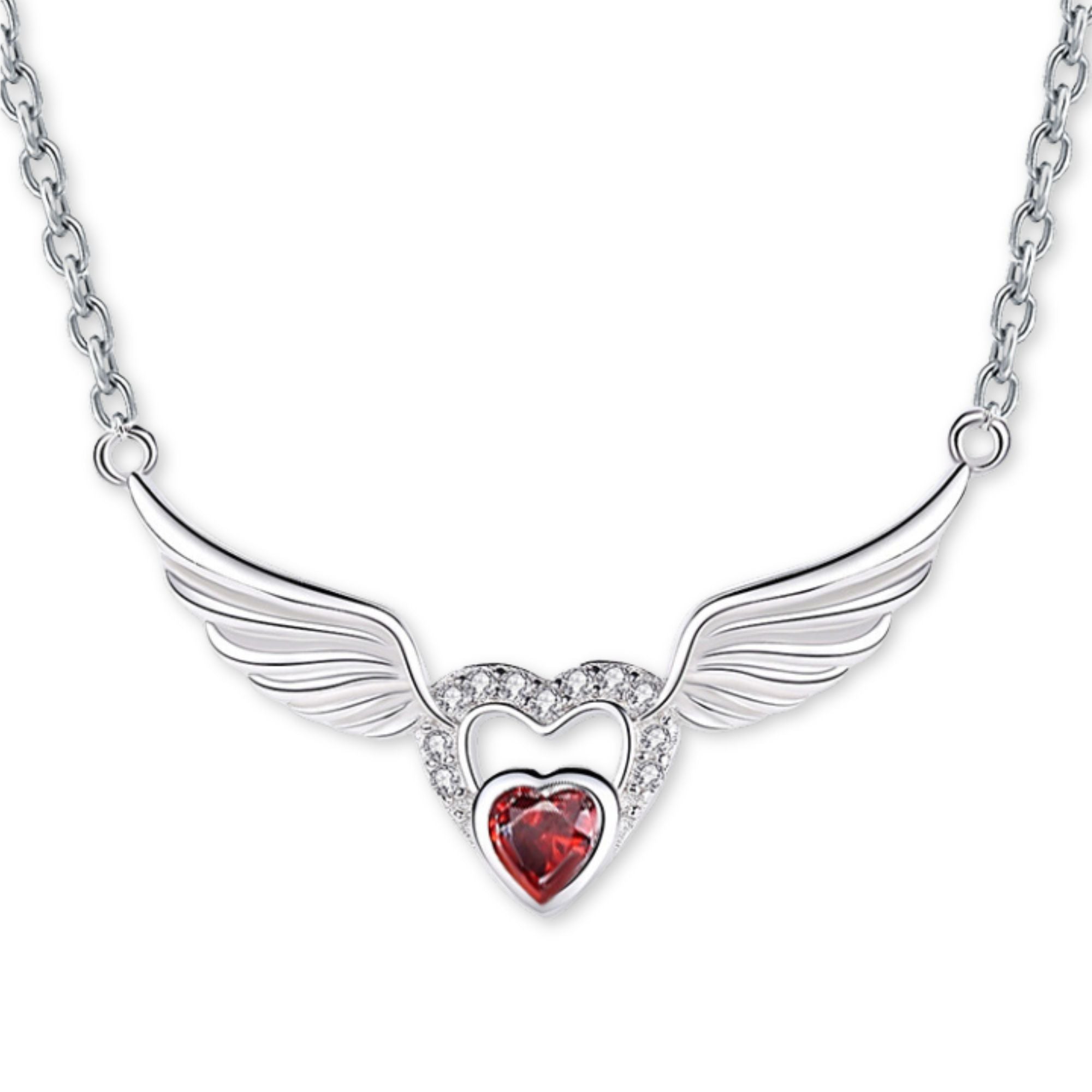 Angel Wings and Heart Sterling Silver Pendant - Clear, Blue or Red - Jesus Passion Apparel