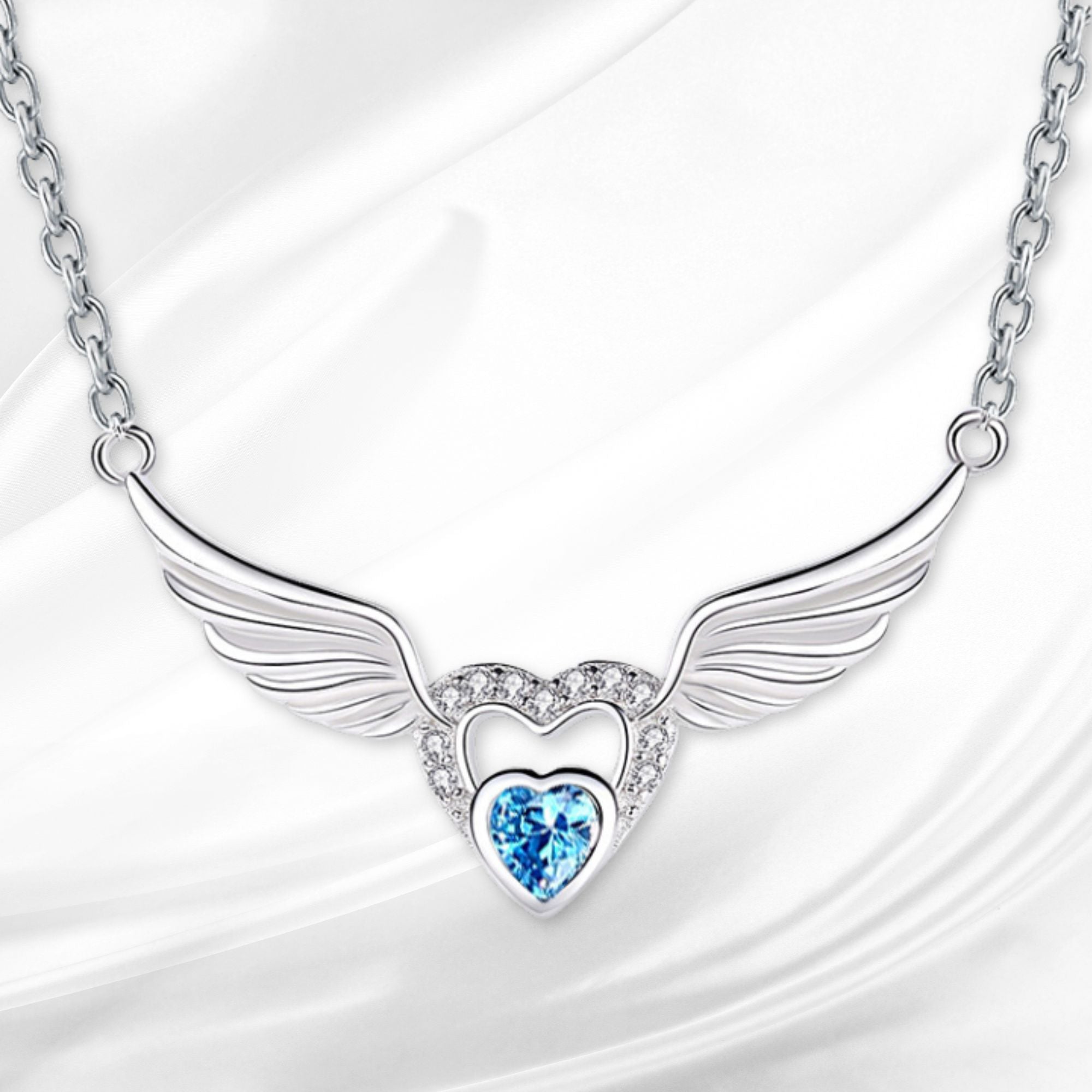 Angel Wings and Heart Sterling Silver Pendant - Clear, Blue or Red - Jesus Passion Apparel