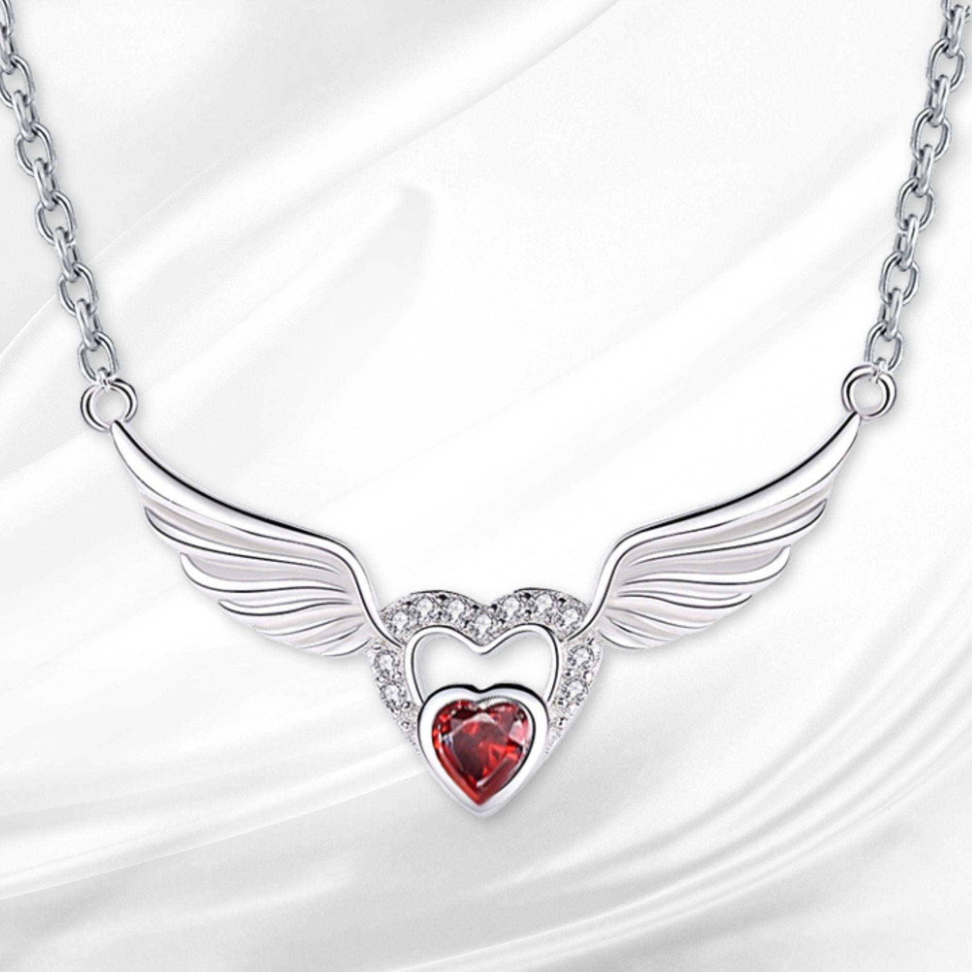 Angel Wings and Heart Sterling Silver Pendant - Clear, Blue or Red - Jesus Passion Apparel